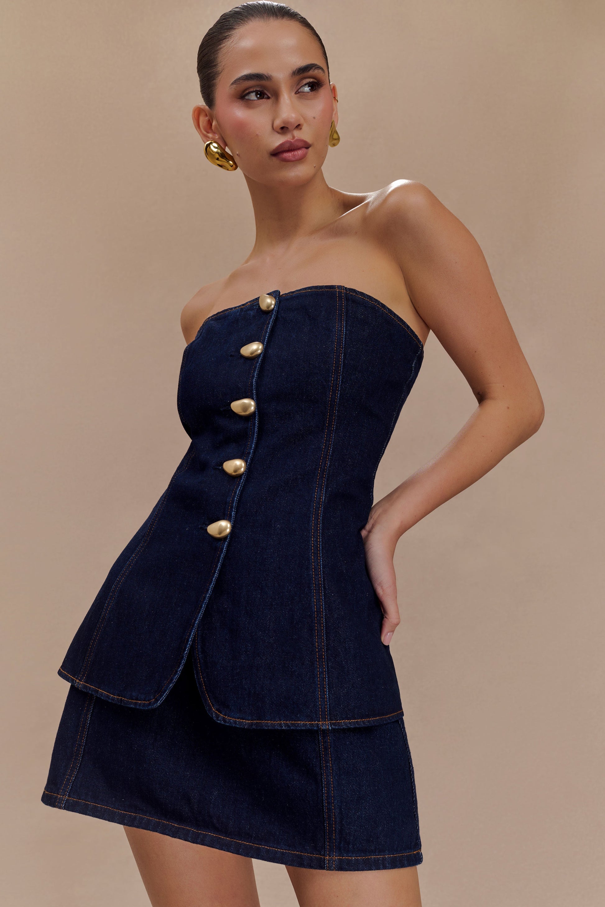 Lennox Strapless Long Line Button Top - Indigo Blue #3