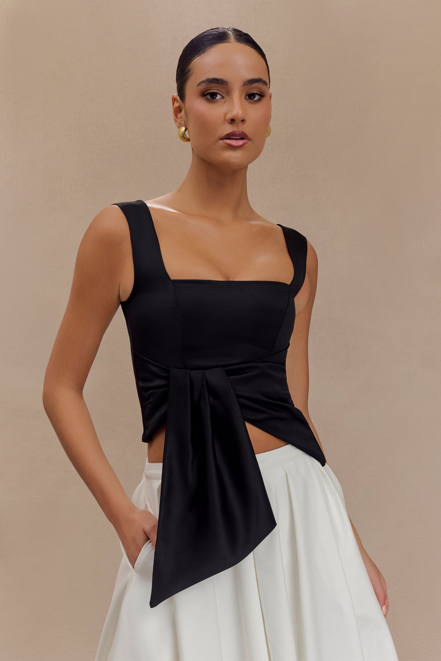 Bryony Satin Structured Sleeveless Top - Black