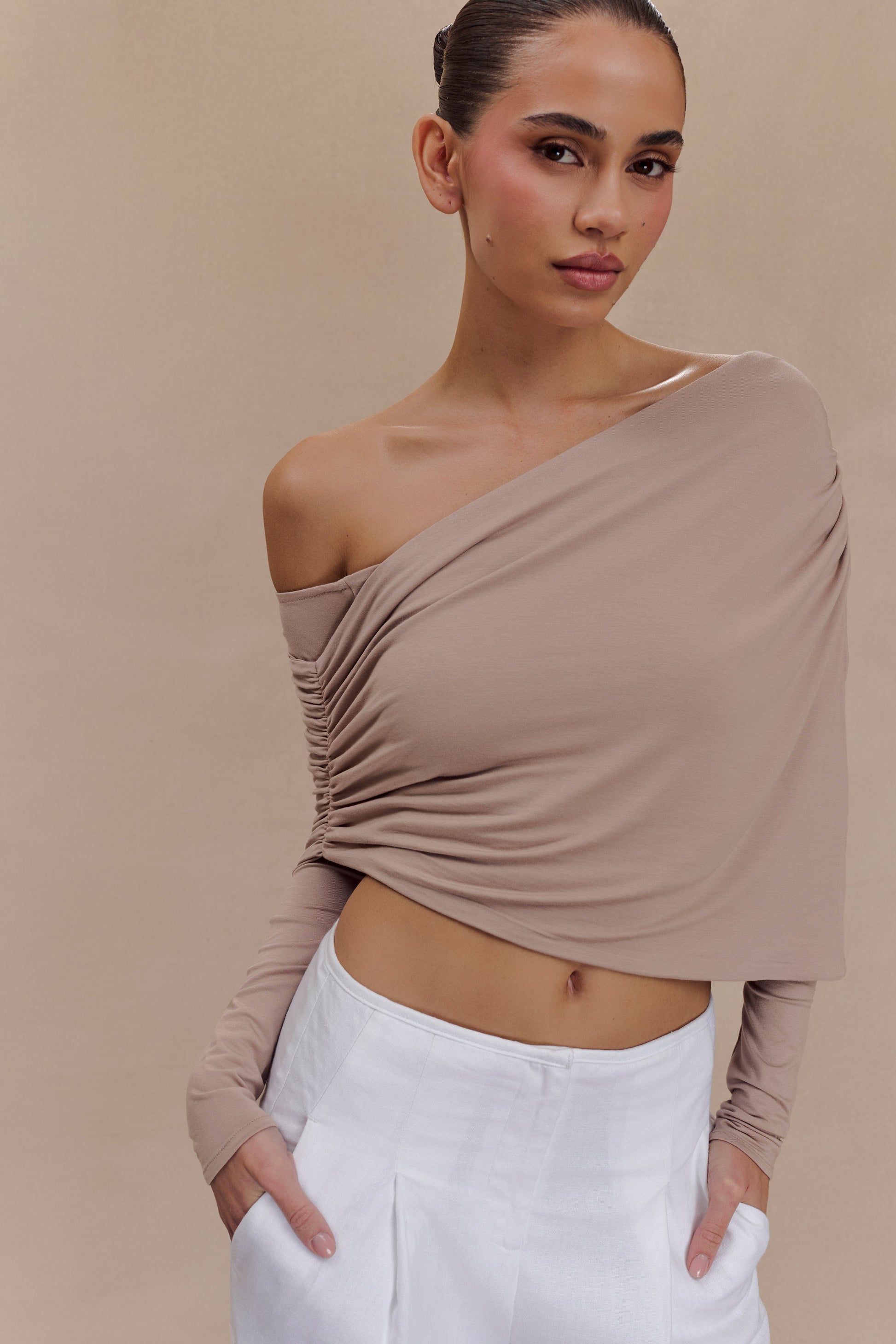 Corinna Modal One Shoulder Top - Mushroom #4