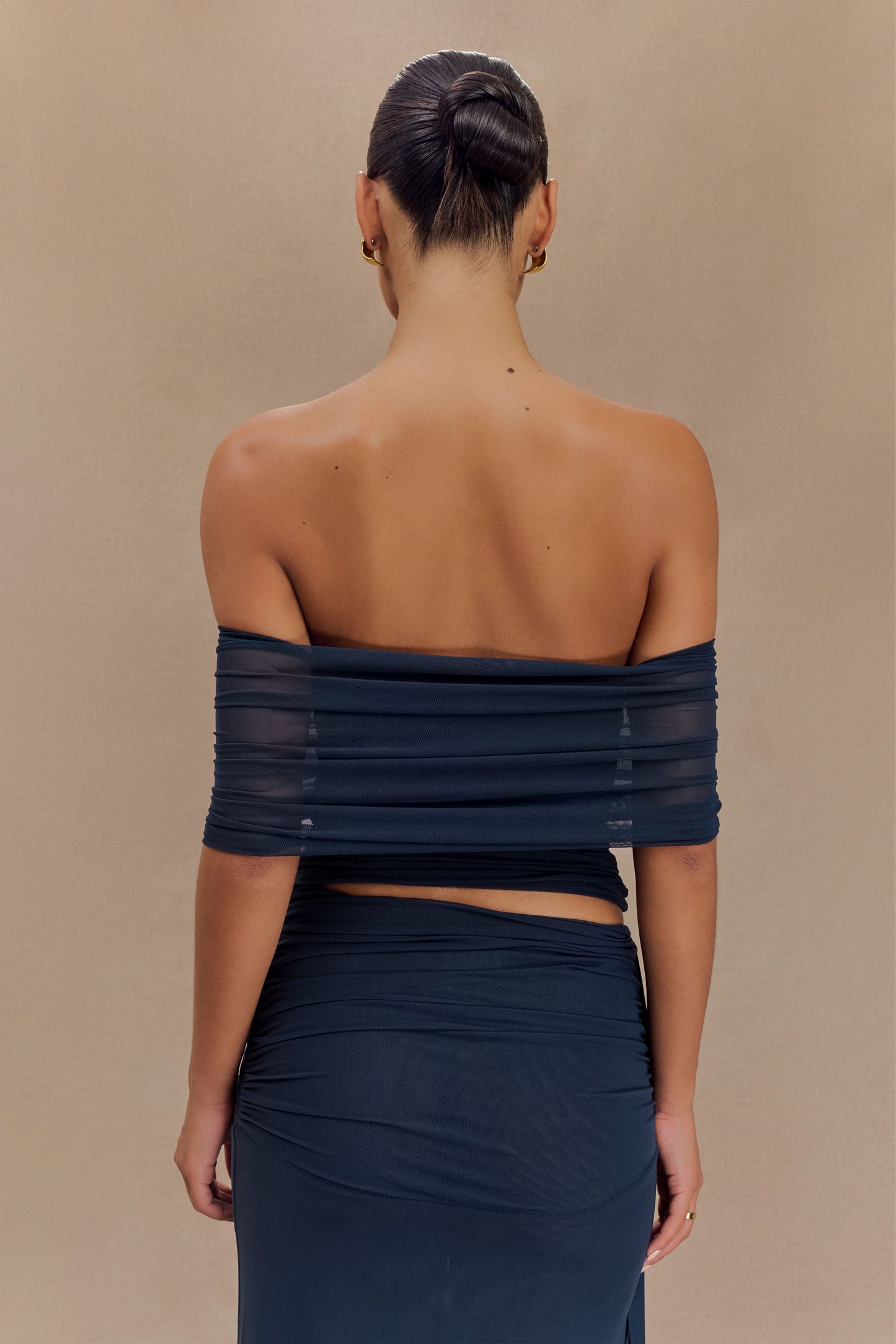 Arna Off Shoulder Mesh Crop Top - Midnight Blue