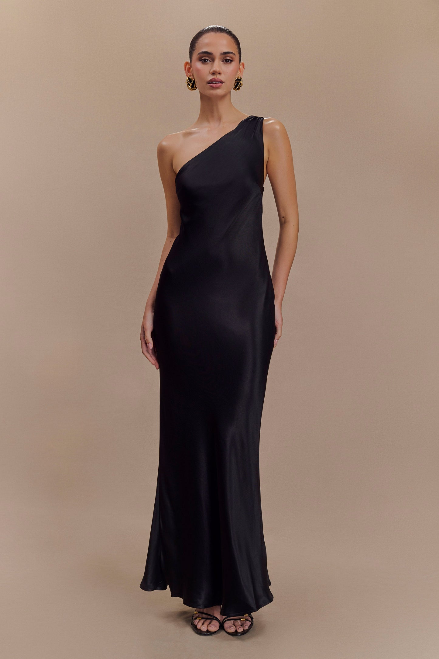 Camille One Shoulder Satin Maxi Dress - Black