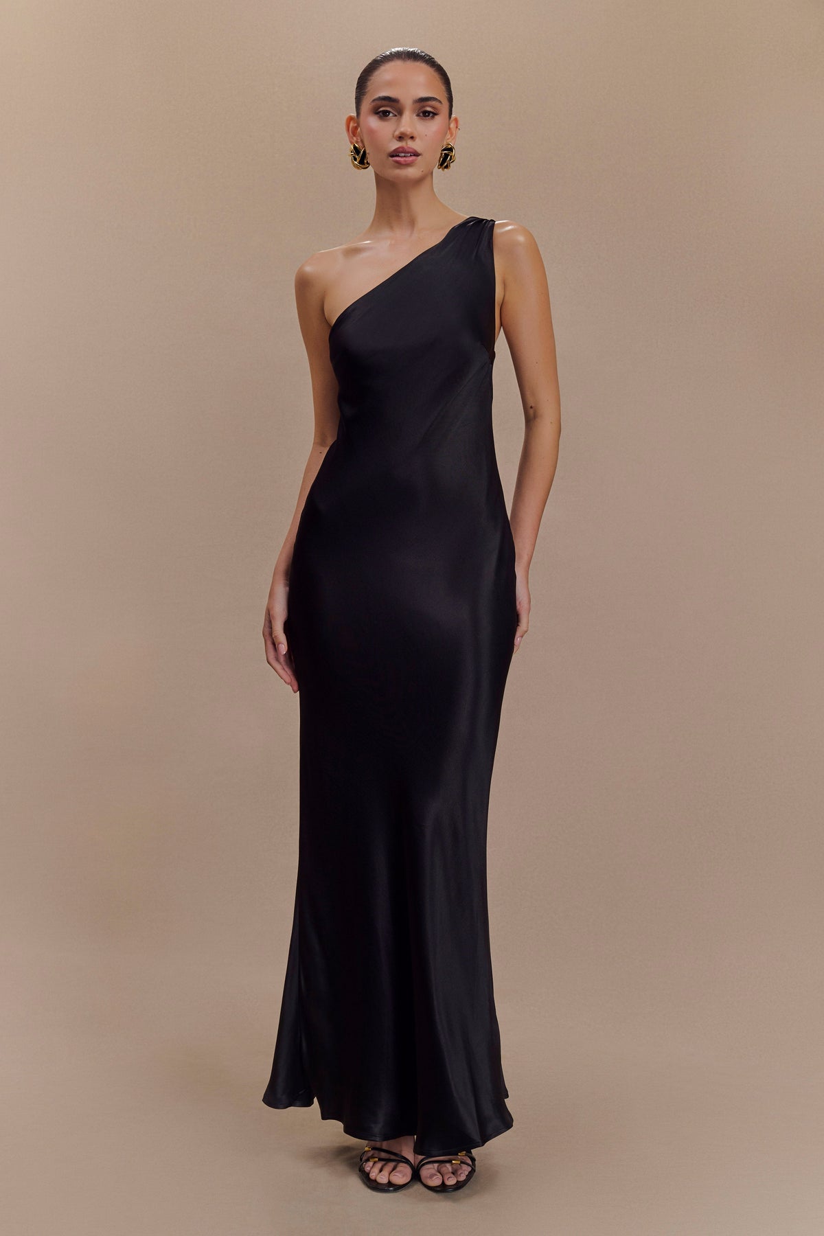 Camille One Shoulder Satin Maxi Dress - Black #2