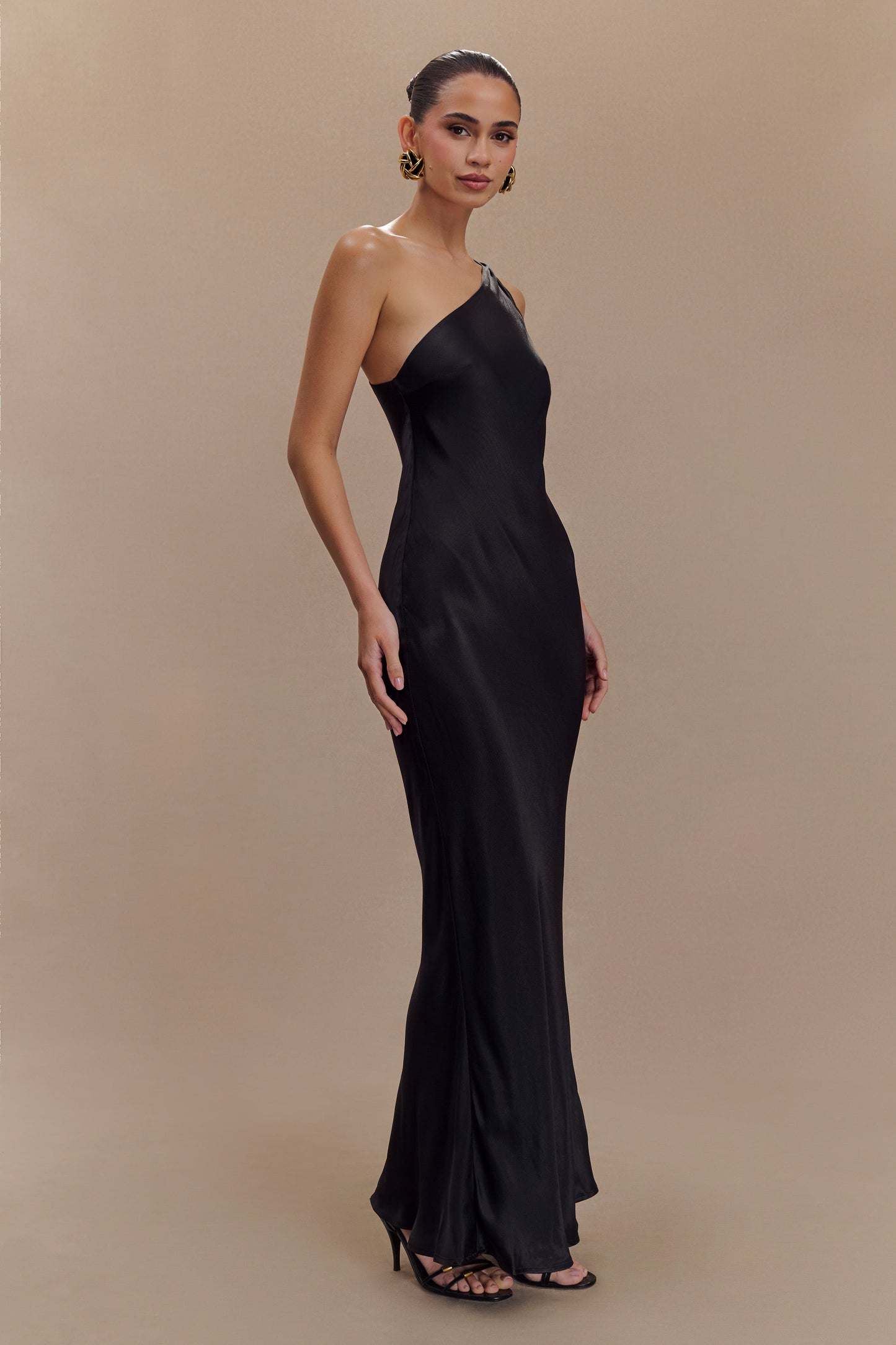 Camille One Shoulder Satin Maxi Dress - Black