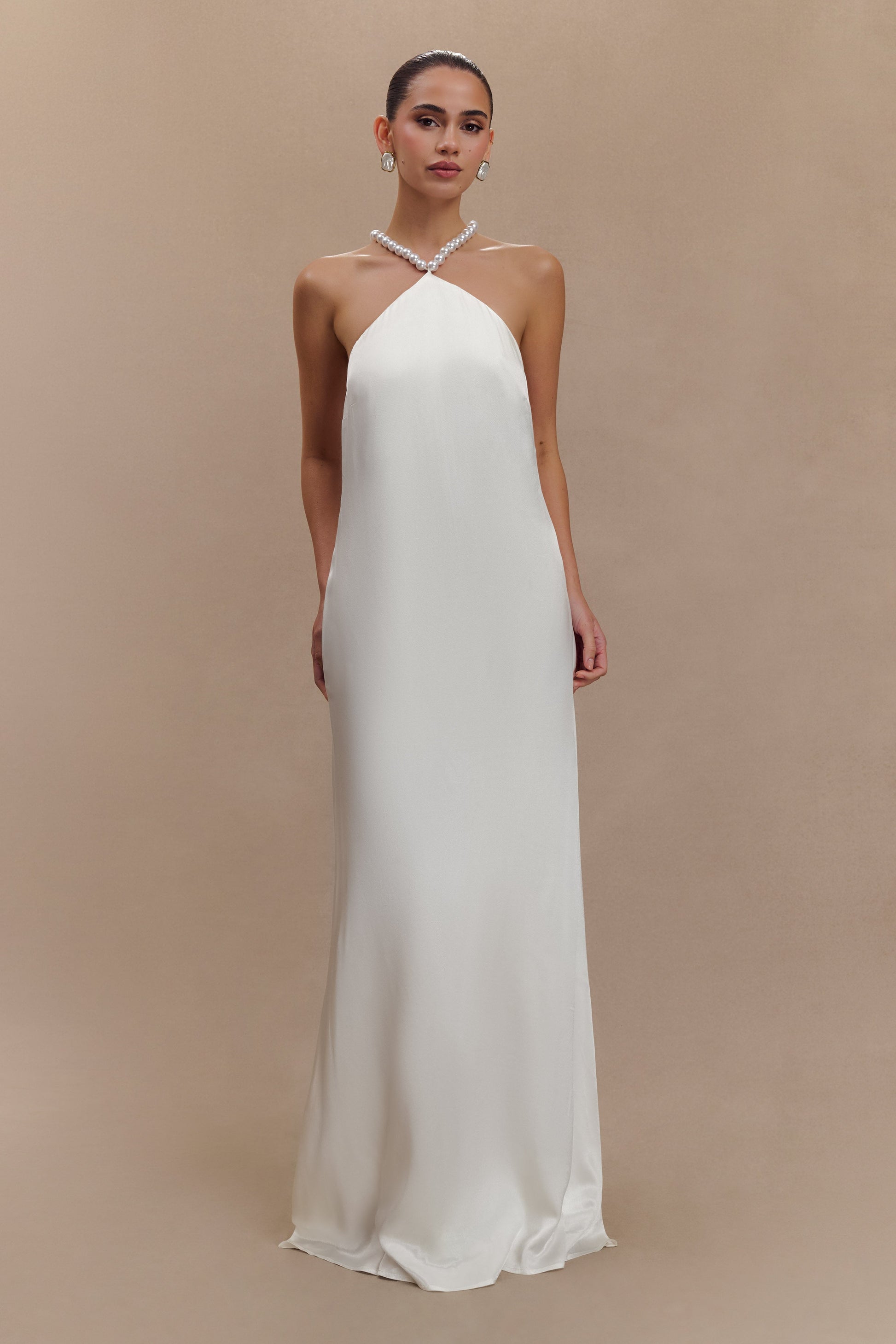 Blanche Satin Pearl Halter Maxi Dress - White #6