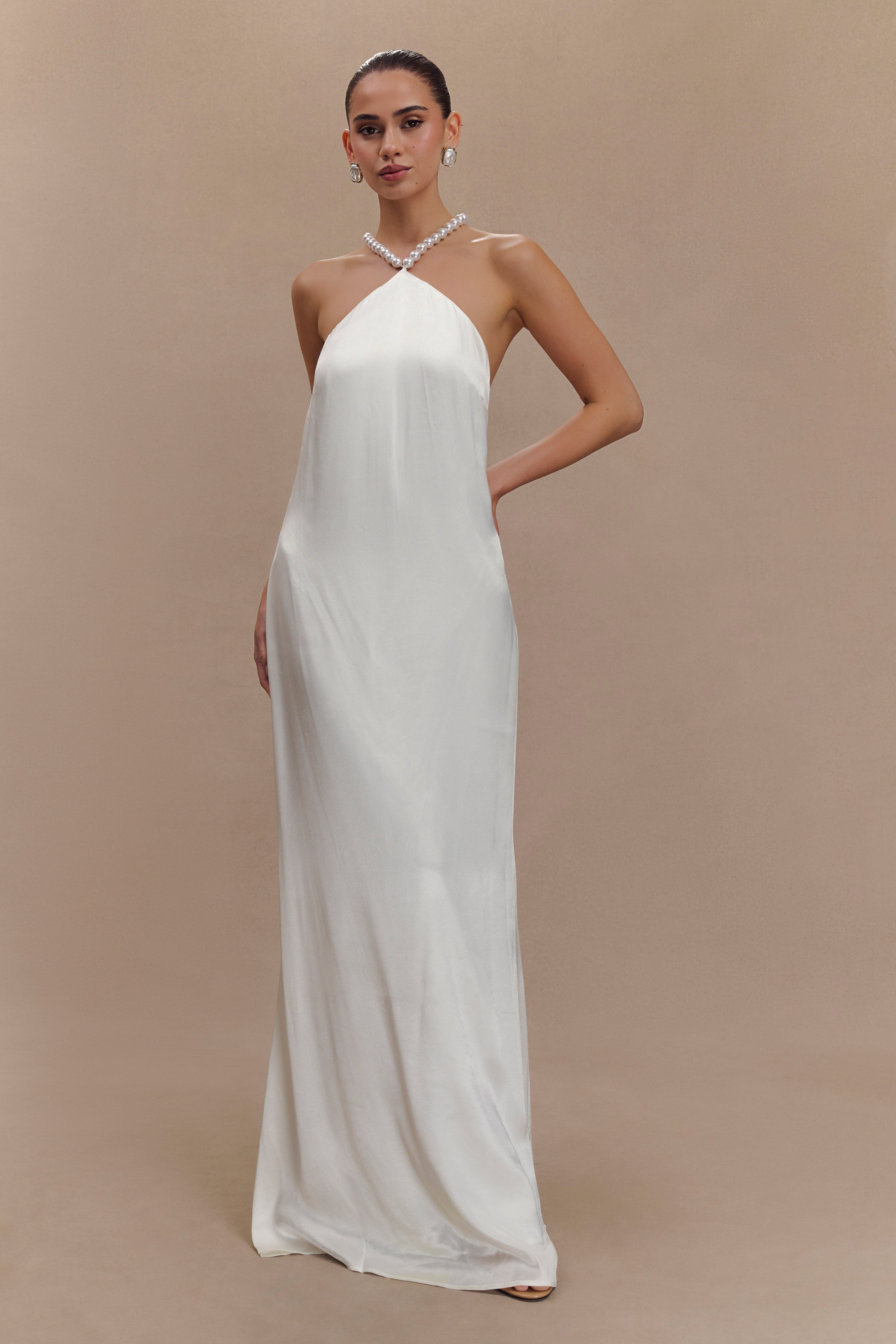 BlancheSatinPearlHalterMaxiDress-White