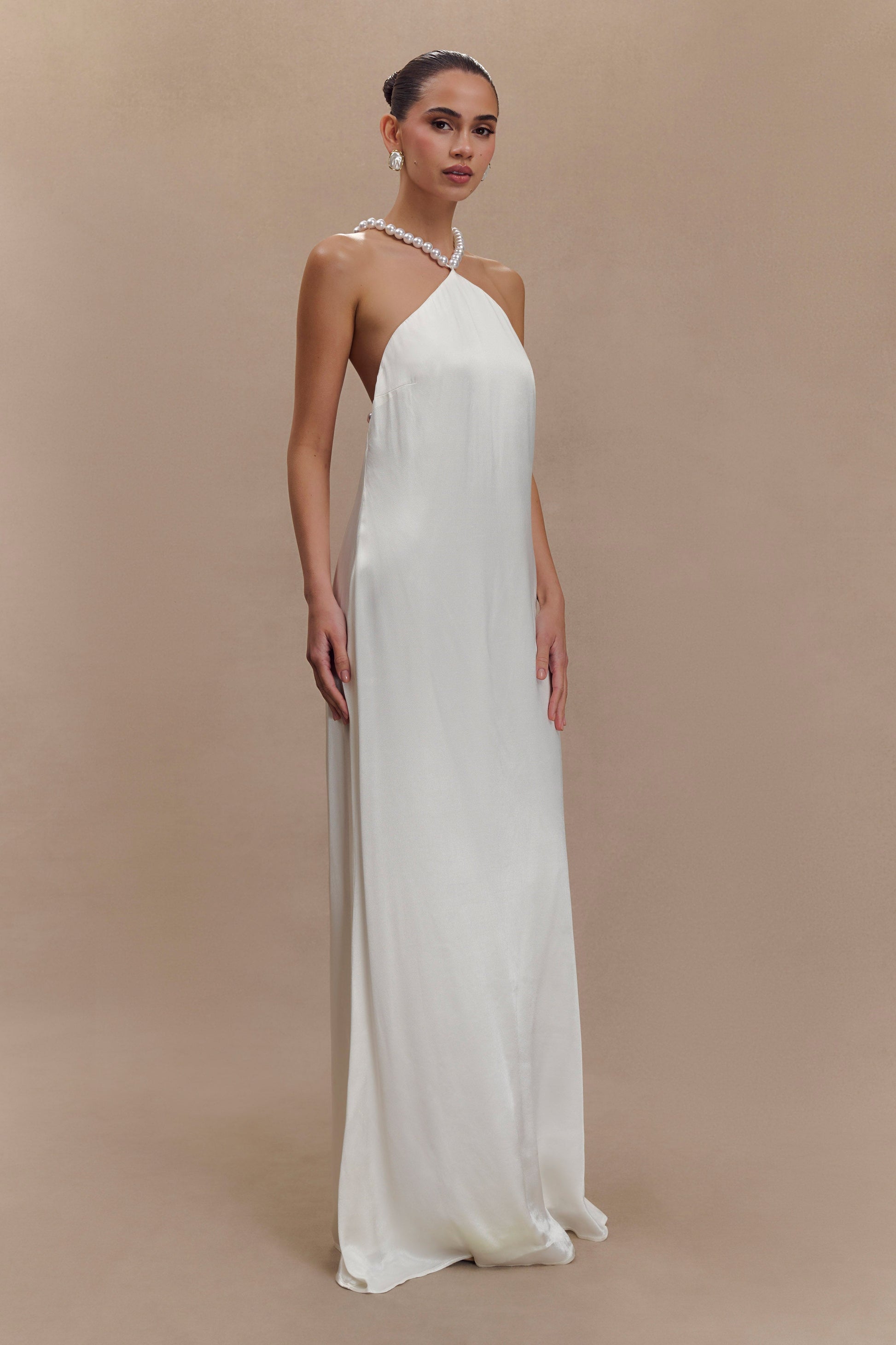 Blanche Satin Pearl Halter Maxi Dress - White #4