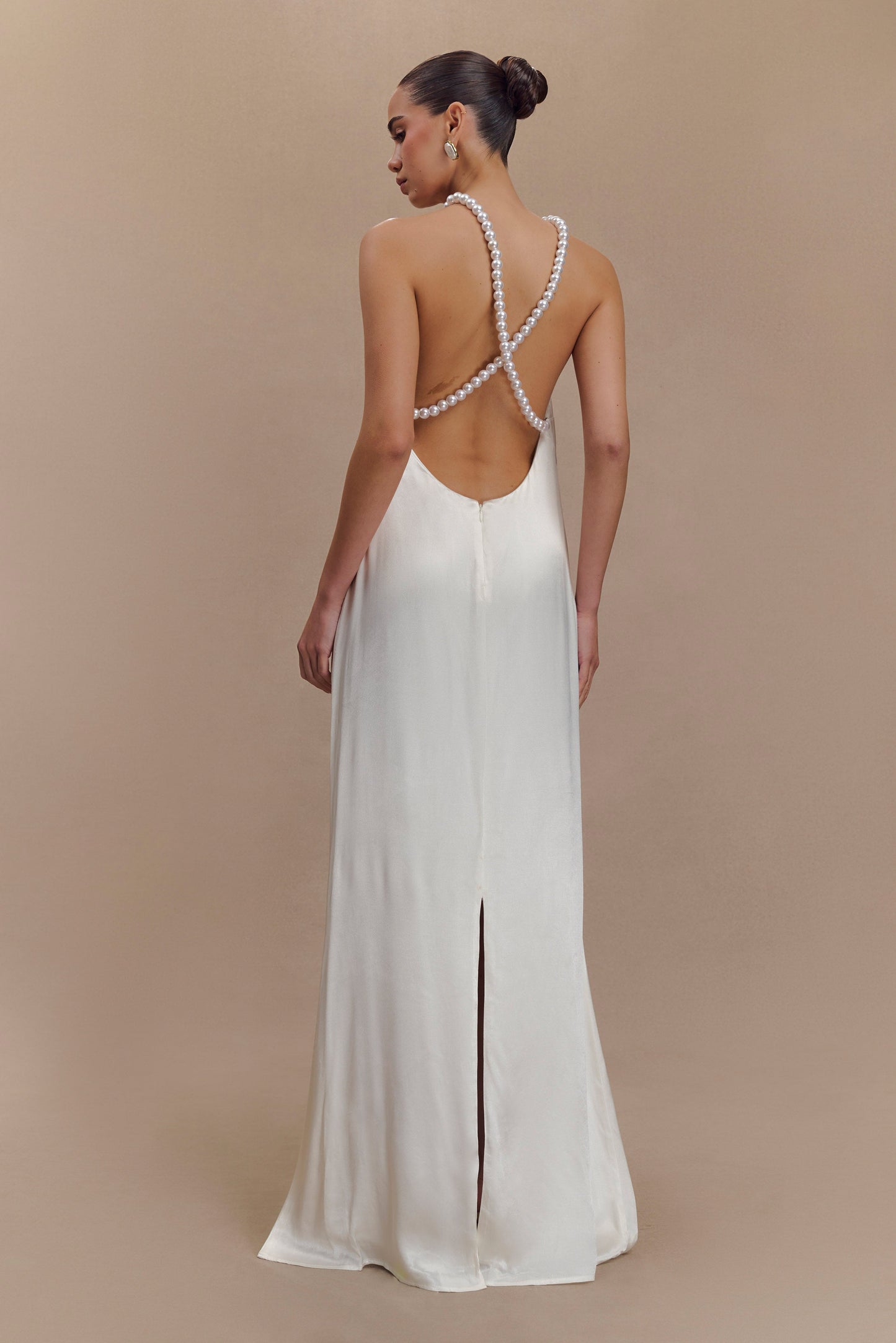 Blanche Satin Pearl Halter Maxi Dress - White