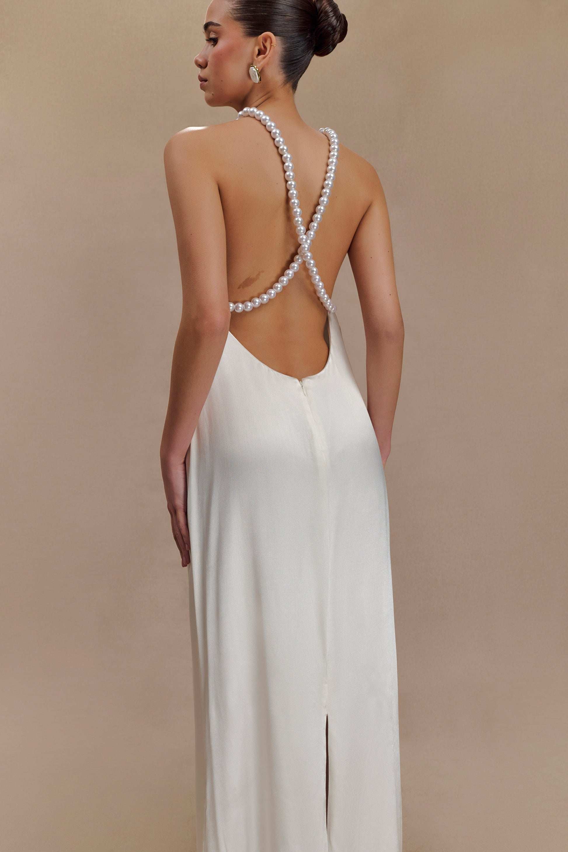 Blanche Satin Pearl Halter Maxi Dress - White #5