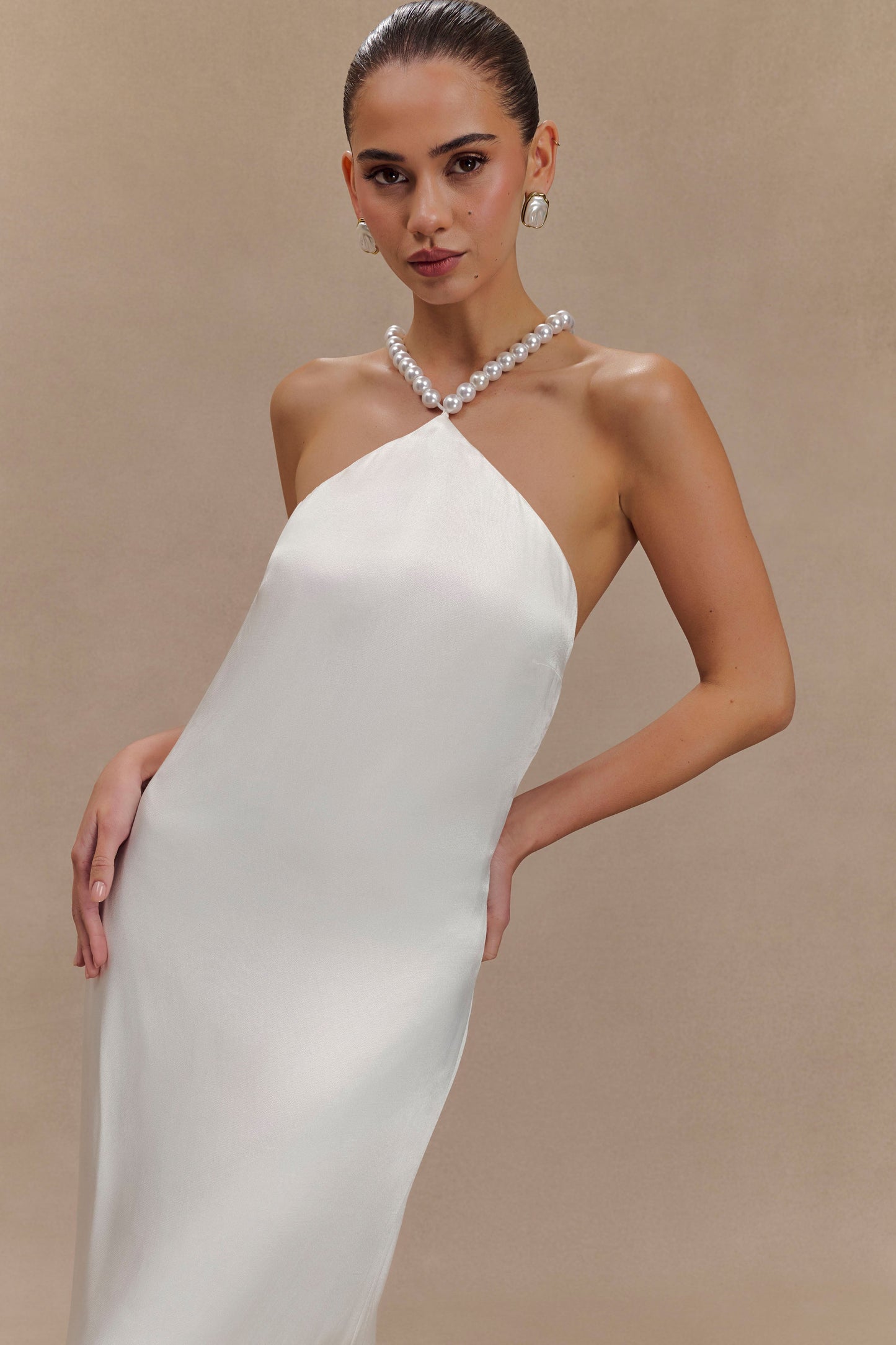 Blanche Satin Pearl Halter Maxi Dress - White