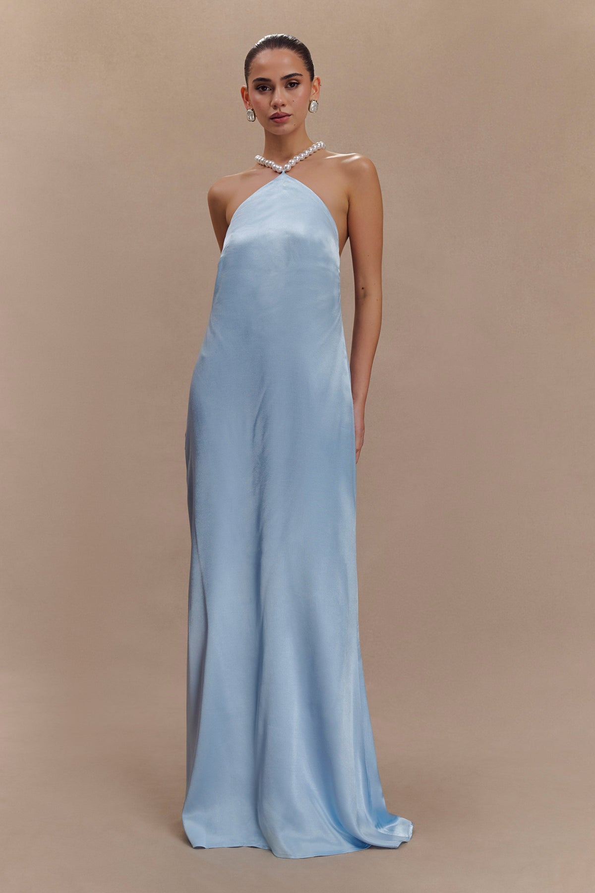 Blanche Satin Pearl Halter Maxi Dress - Cornflower Blue #3