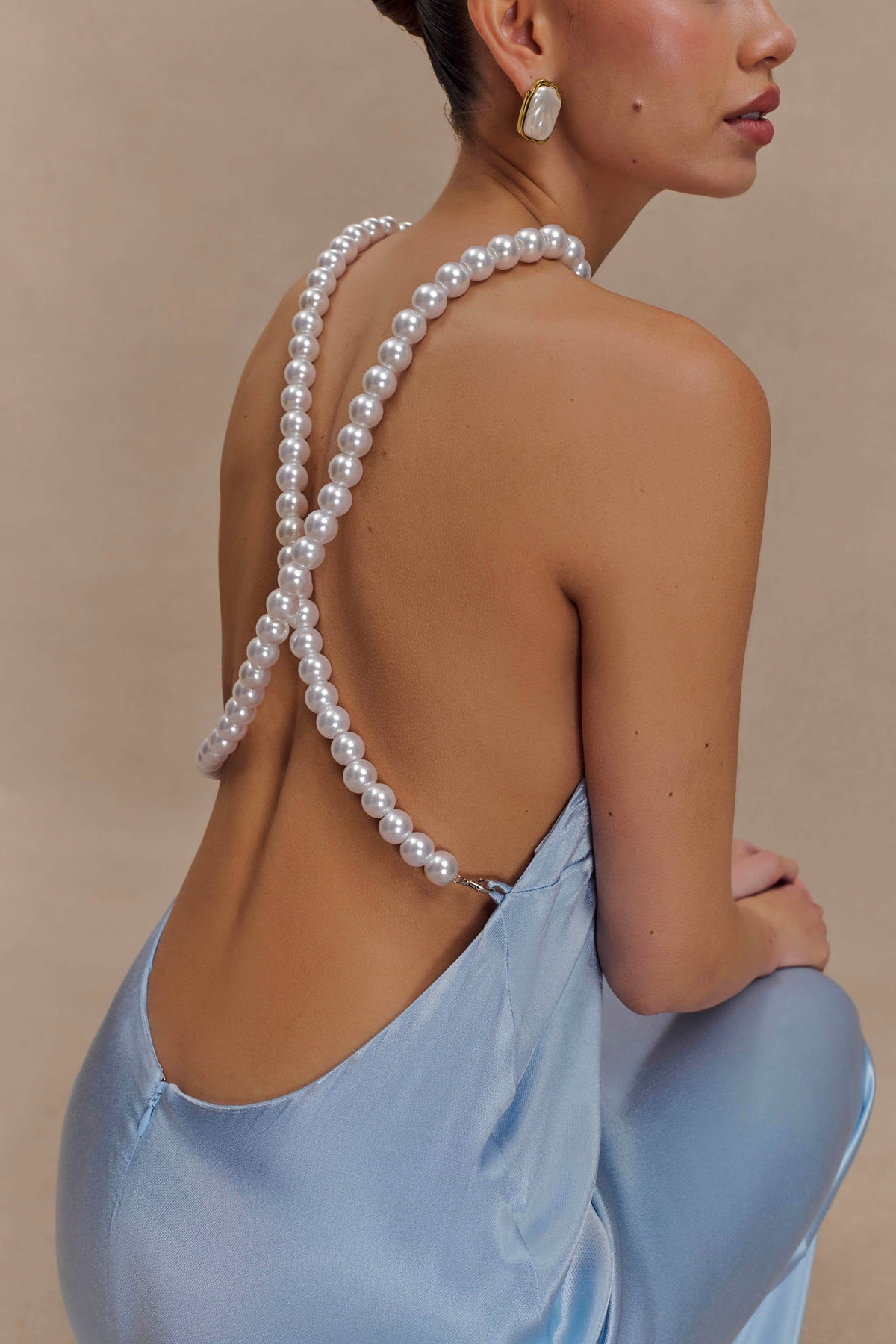 Blanche Satin Pearl Halter Maxi Dress - Cornflower Blue #7