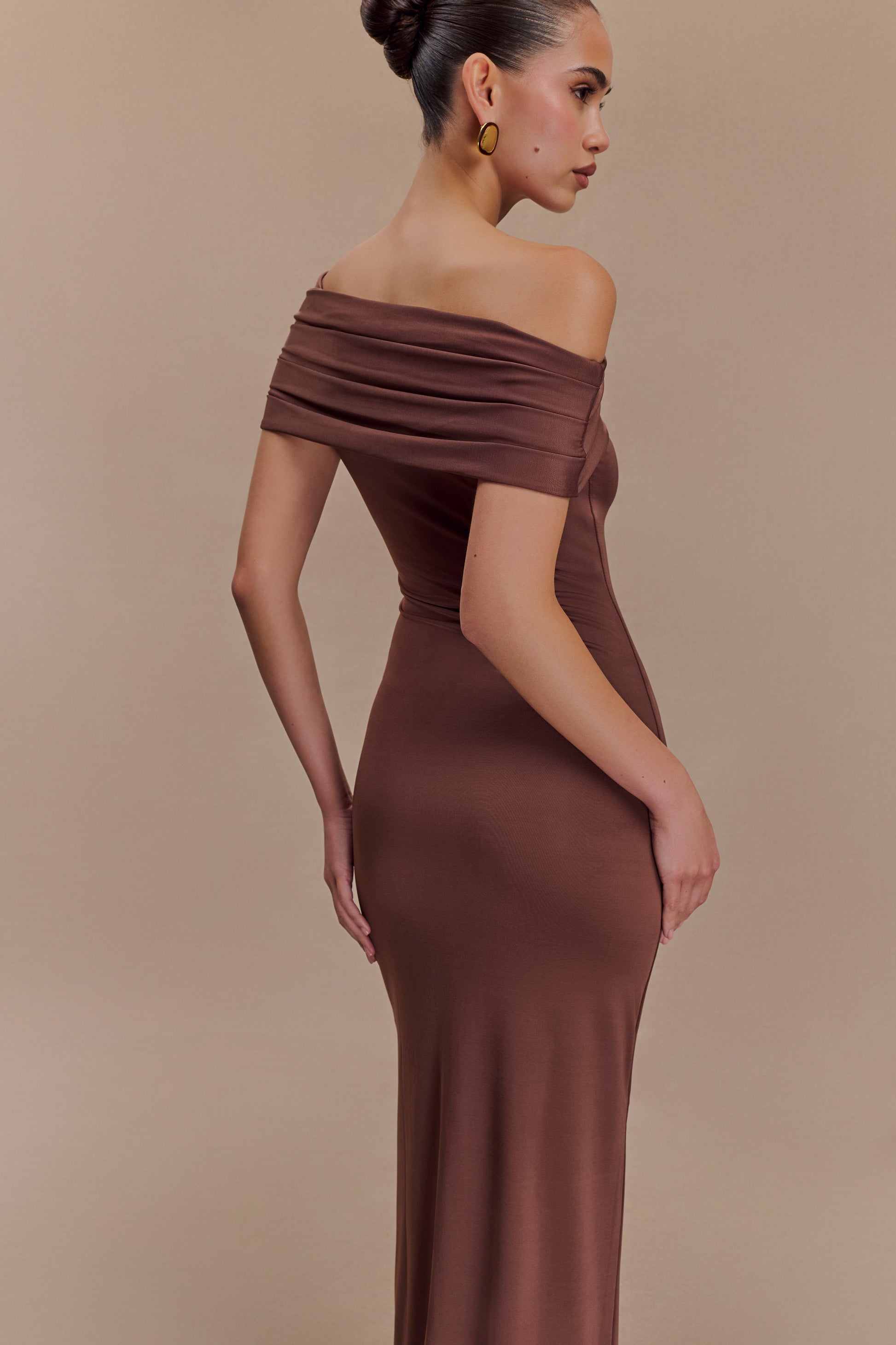 Cassandra Off Shoulder Slinky Maxi Dress - Chocolate #2