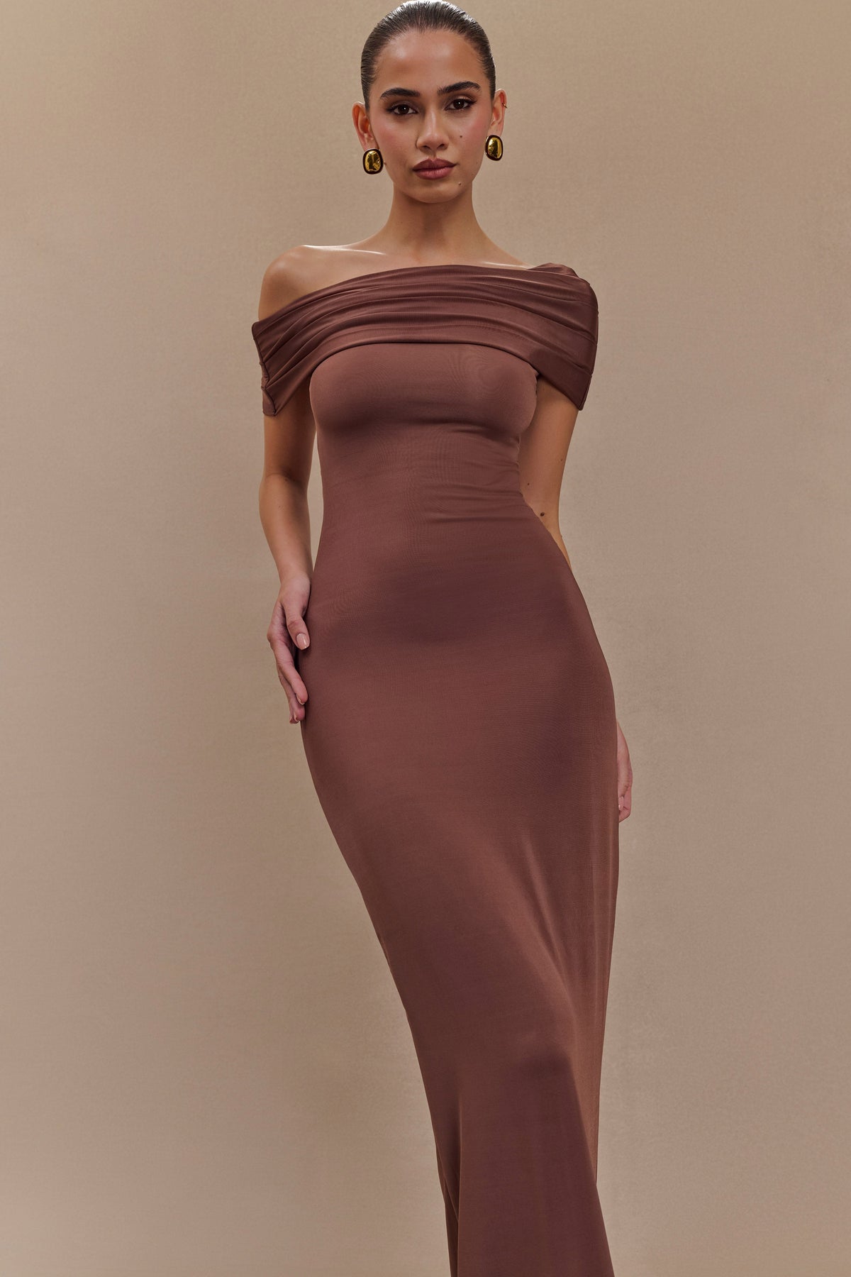 Cassandra Off Shoulder Slinky Maxi Dress - Chocolate #7
