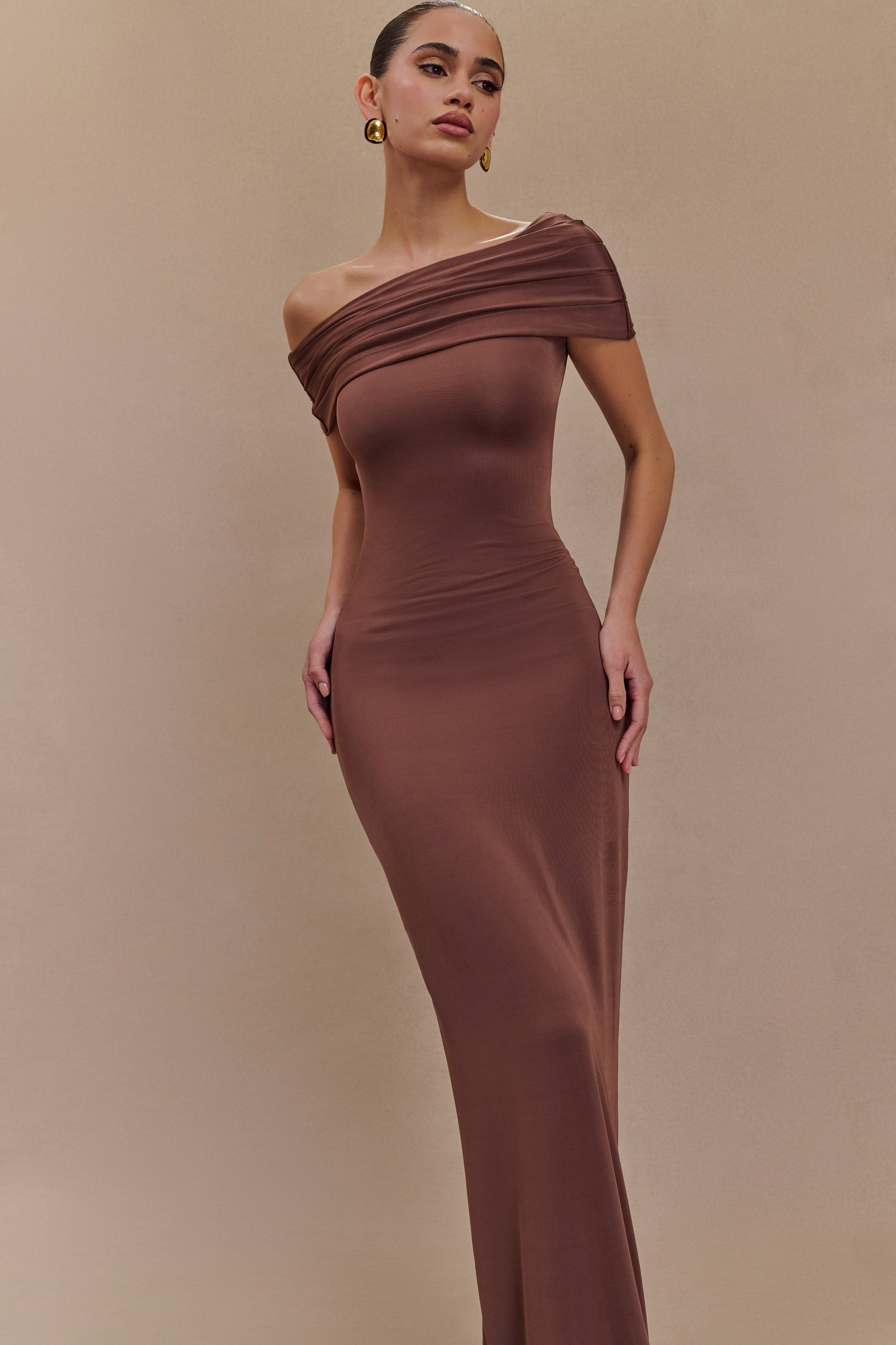 Cassandra Off Shoulder Slinky Maxi Dress - Chocolate #3