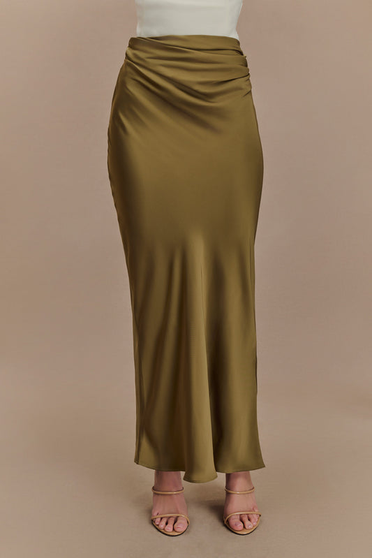 Nicola Satin Asymmetric Maxi Skirt - Basil