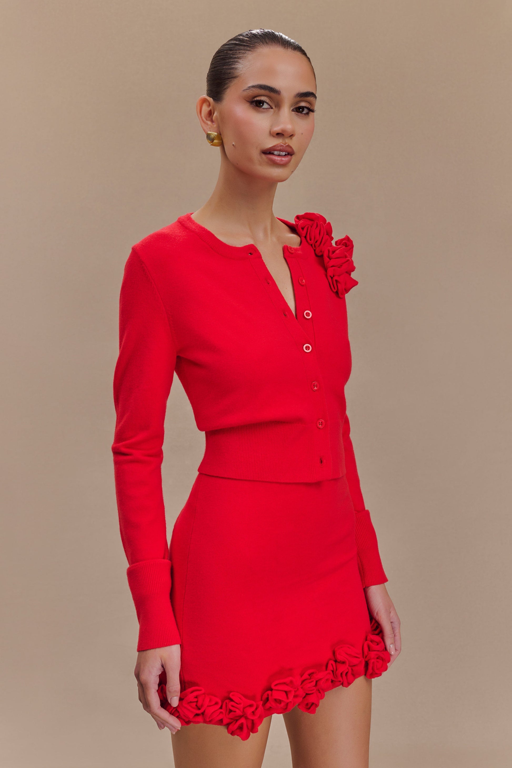 Gianna Knit Cardigan With Flowers - Red #3