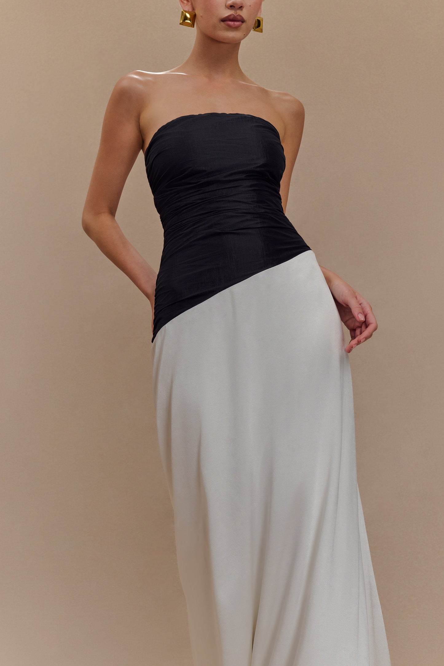 Serena Strapless Taffeta Maxi Dress - White/Black