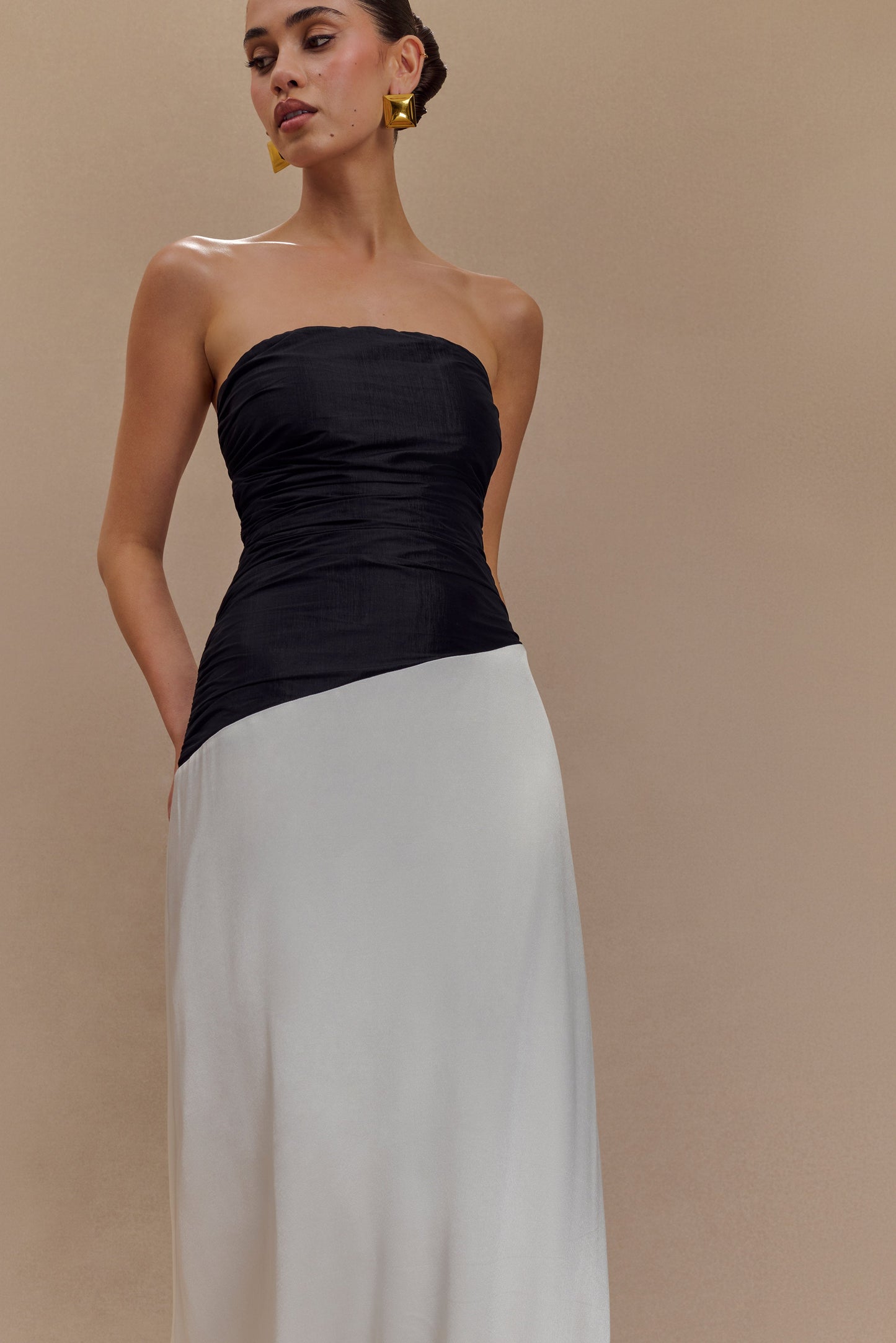 Serena Strapless Taffeta Maxi Dress - White/Black