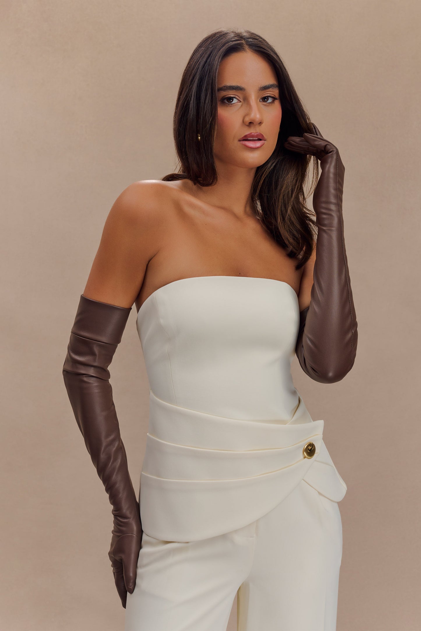 Jasper Faux Leather Elbow Length Gloves - Dark Chocolate