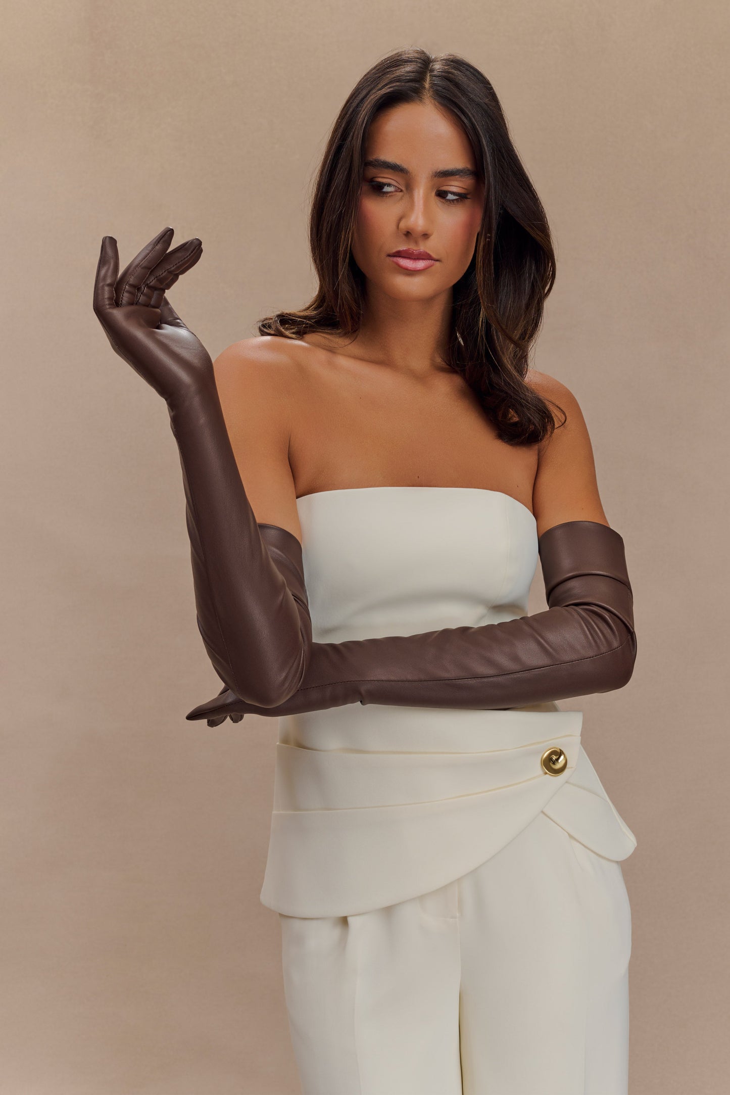 Jasper Faux Leather Elbow Length Gloves - Dark Chocolate