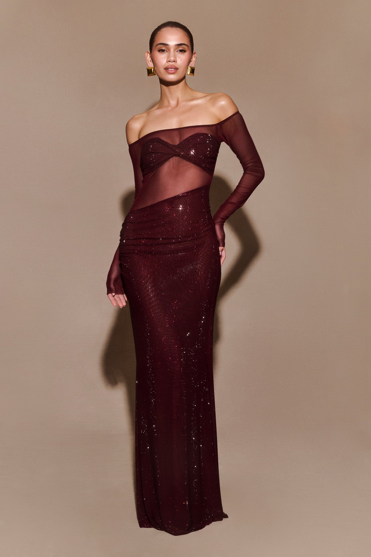 Nash Diamante Off Shoulder Maxi Dress - Mahogany