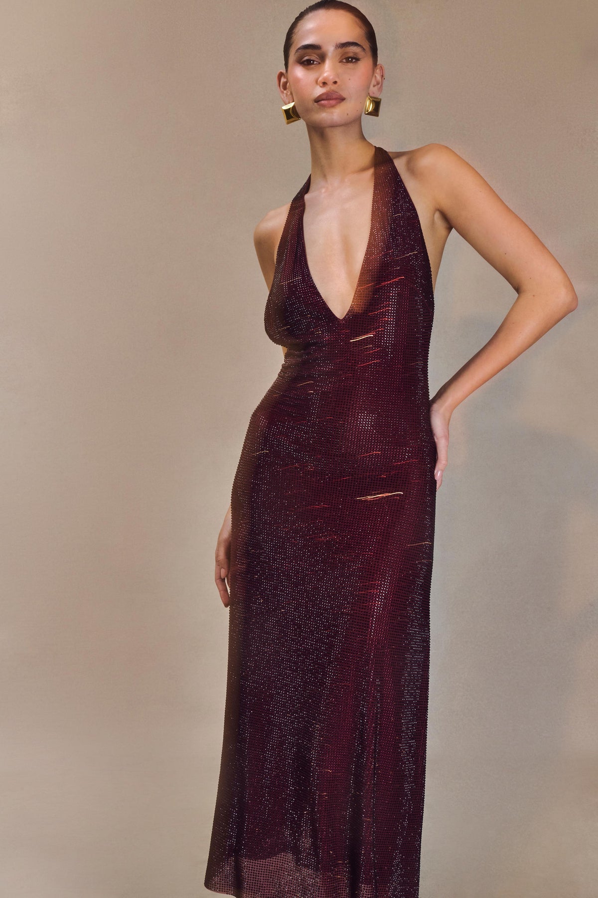 Genie Diamante Halter Midi Dress - Mahogany #3
