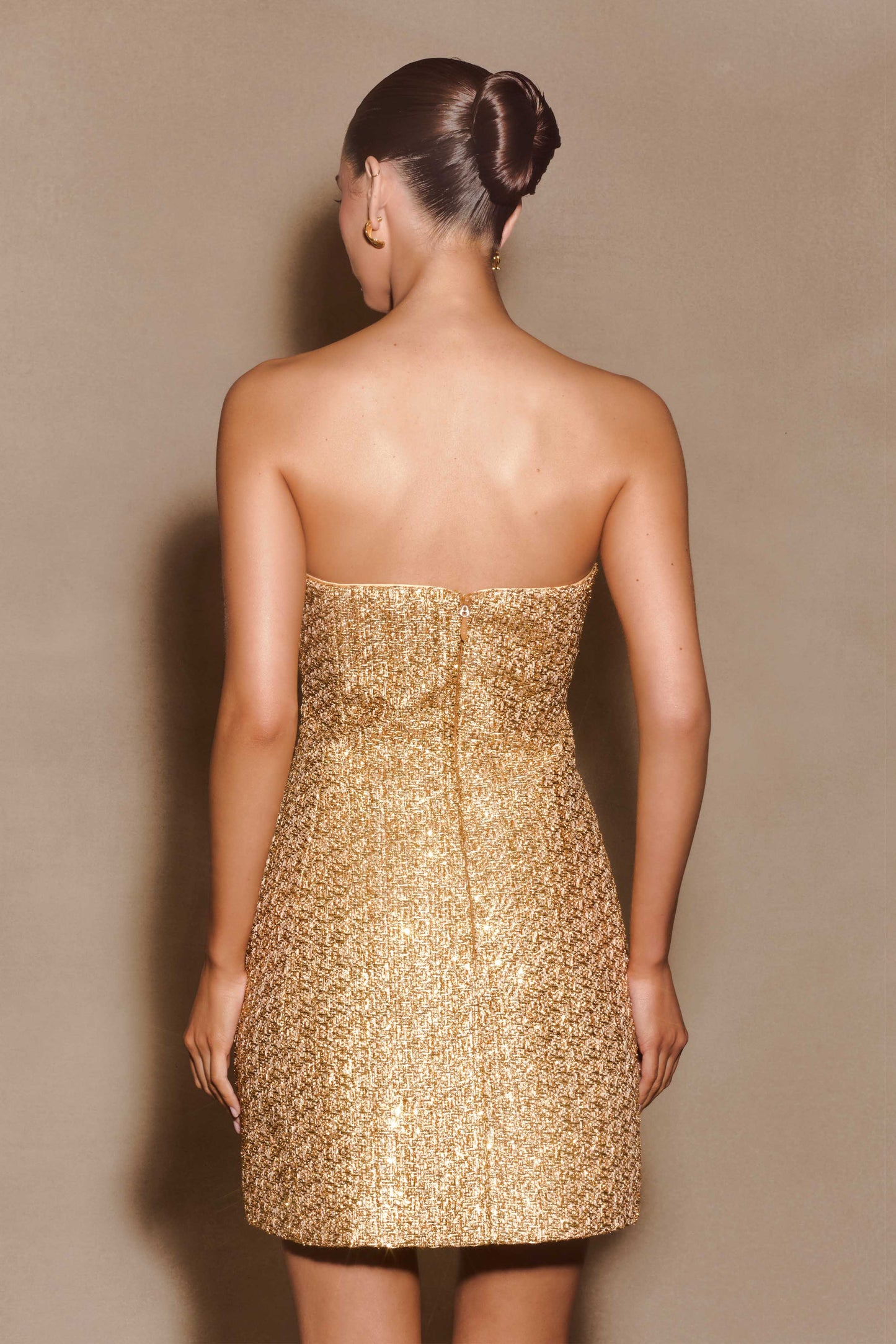 Gala Strapless Tweed Mini Dress - Gold