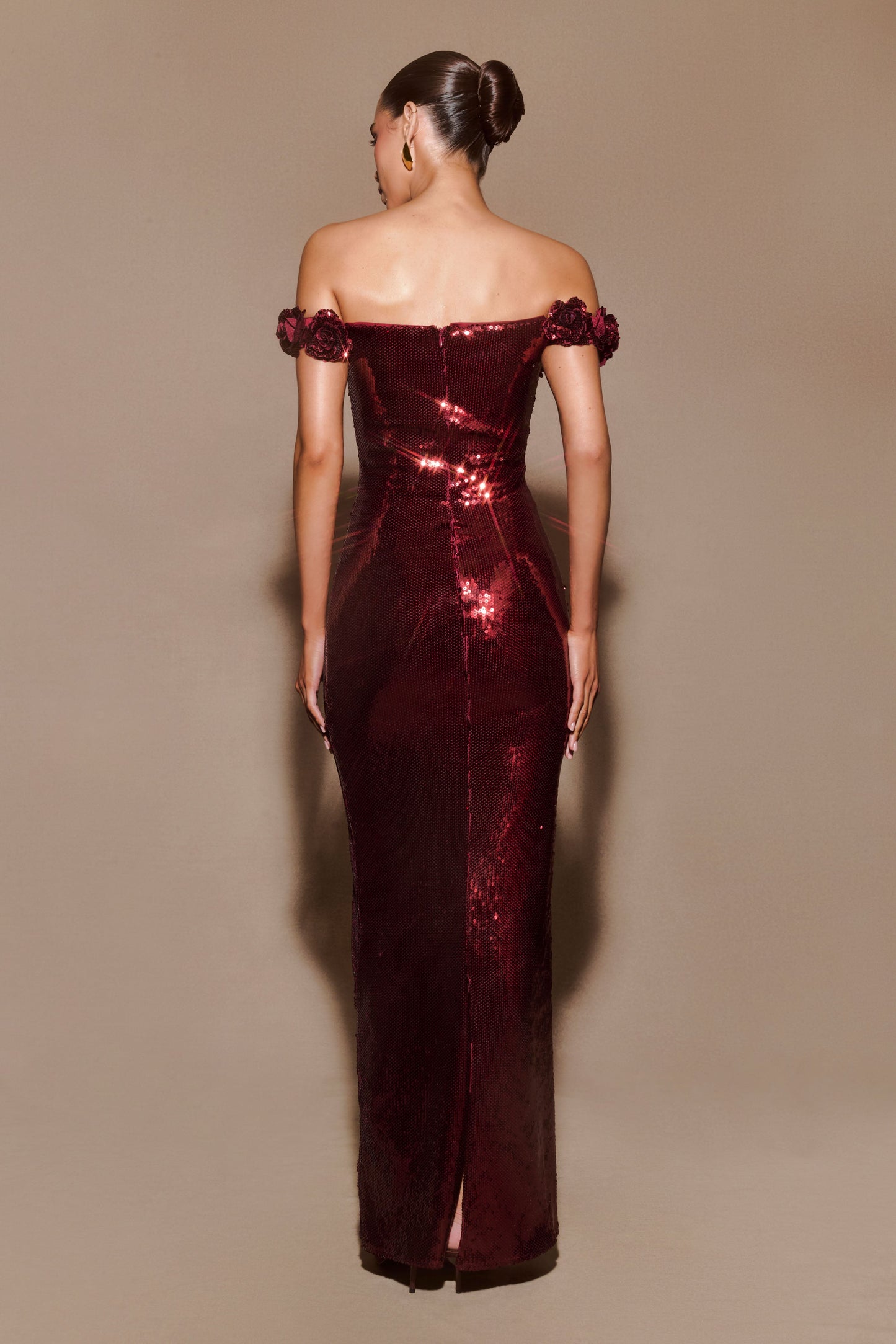 Carrie Sequin Rose Maxi Dress - Mahogany