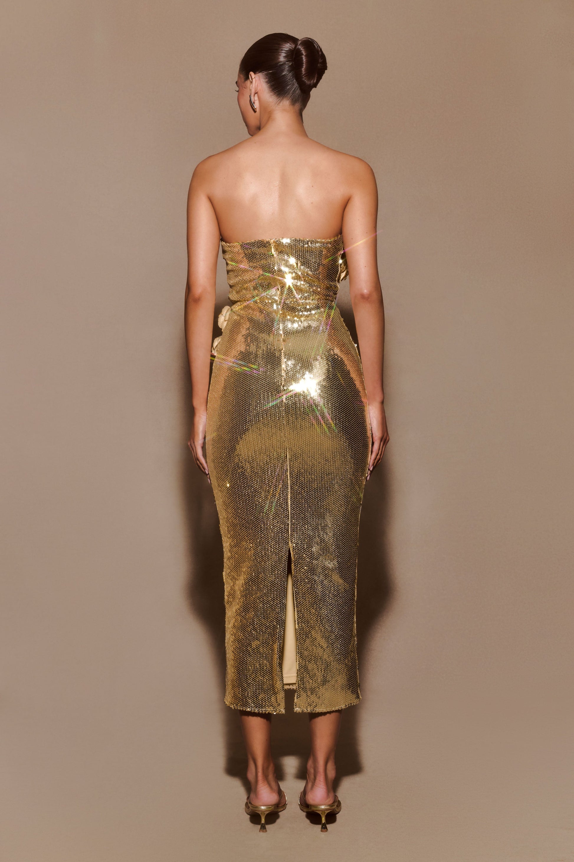 Cassia Strapless Sequin Rose Midi Dress - Gold | MESHKI UK Cassia Strapless Sequin Rose Midi Dress - Gold | MESHKI UK