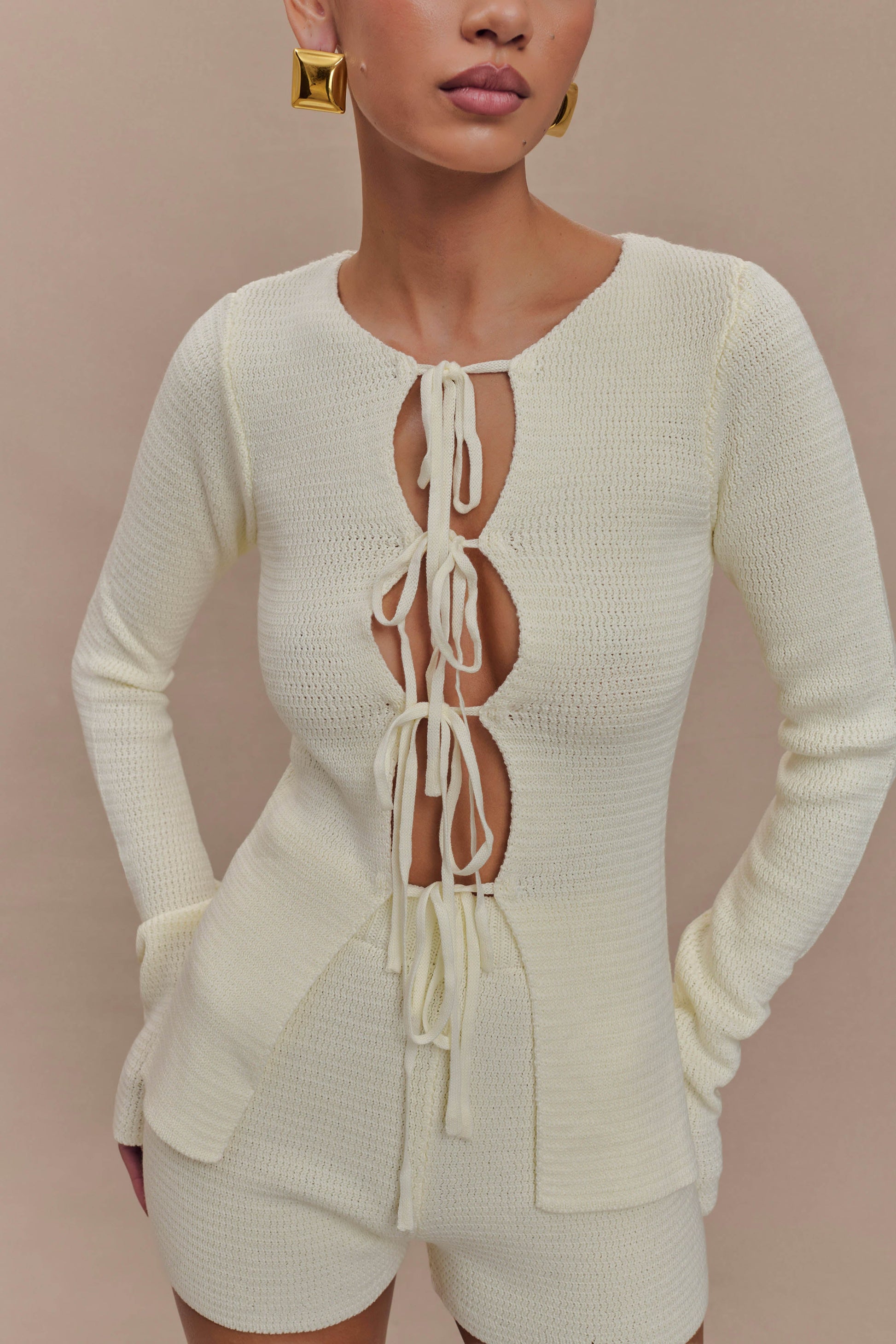 Noah Knit Tie Long Sleeve Top - Ivory #2