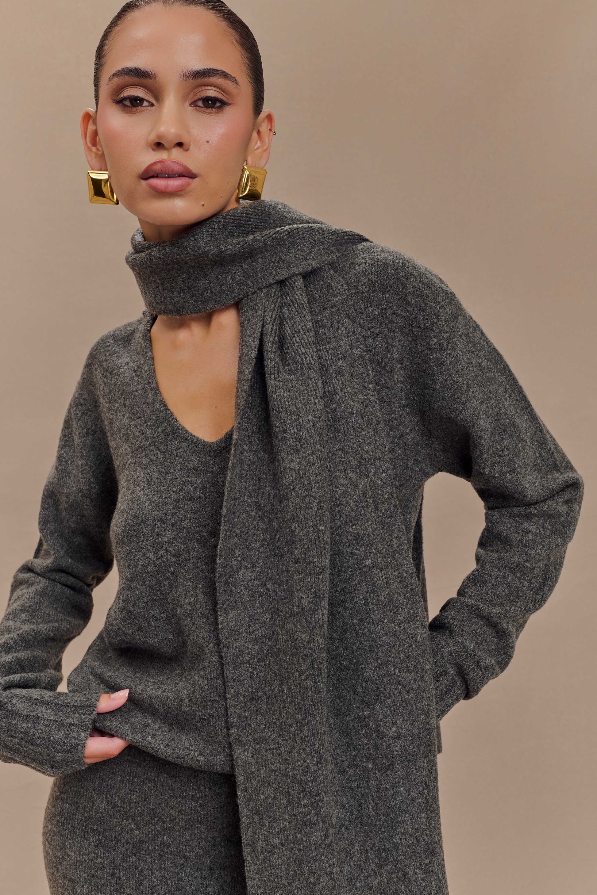 Ella V Neck Knit Jumper With Scarf - Charcoal Marle #4