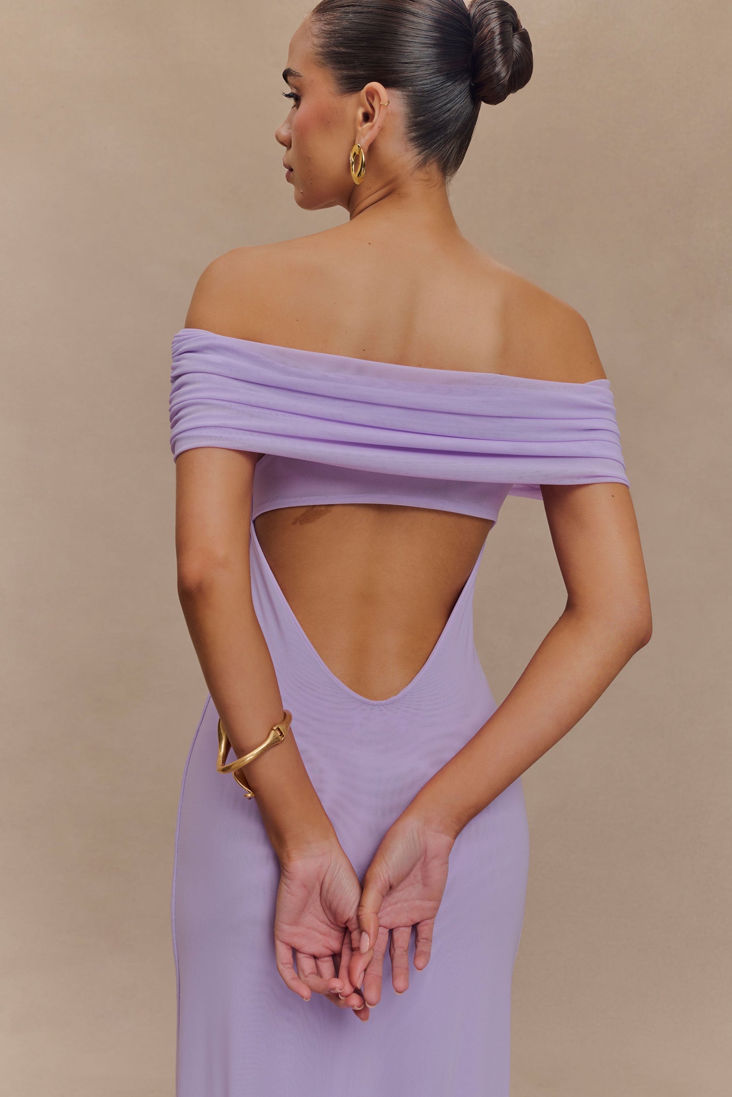 Audrey Off Shoulder Mesh Maxi Dress - Lilac