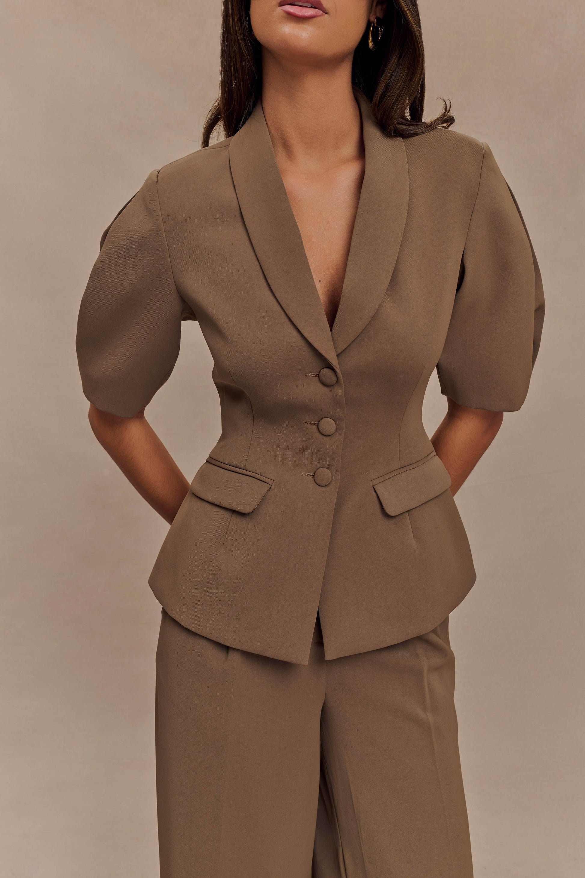 Opal Puff Sleeve Suiting Top - Cacao Brown #7