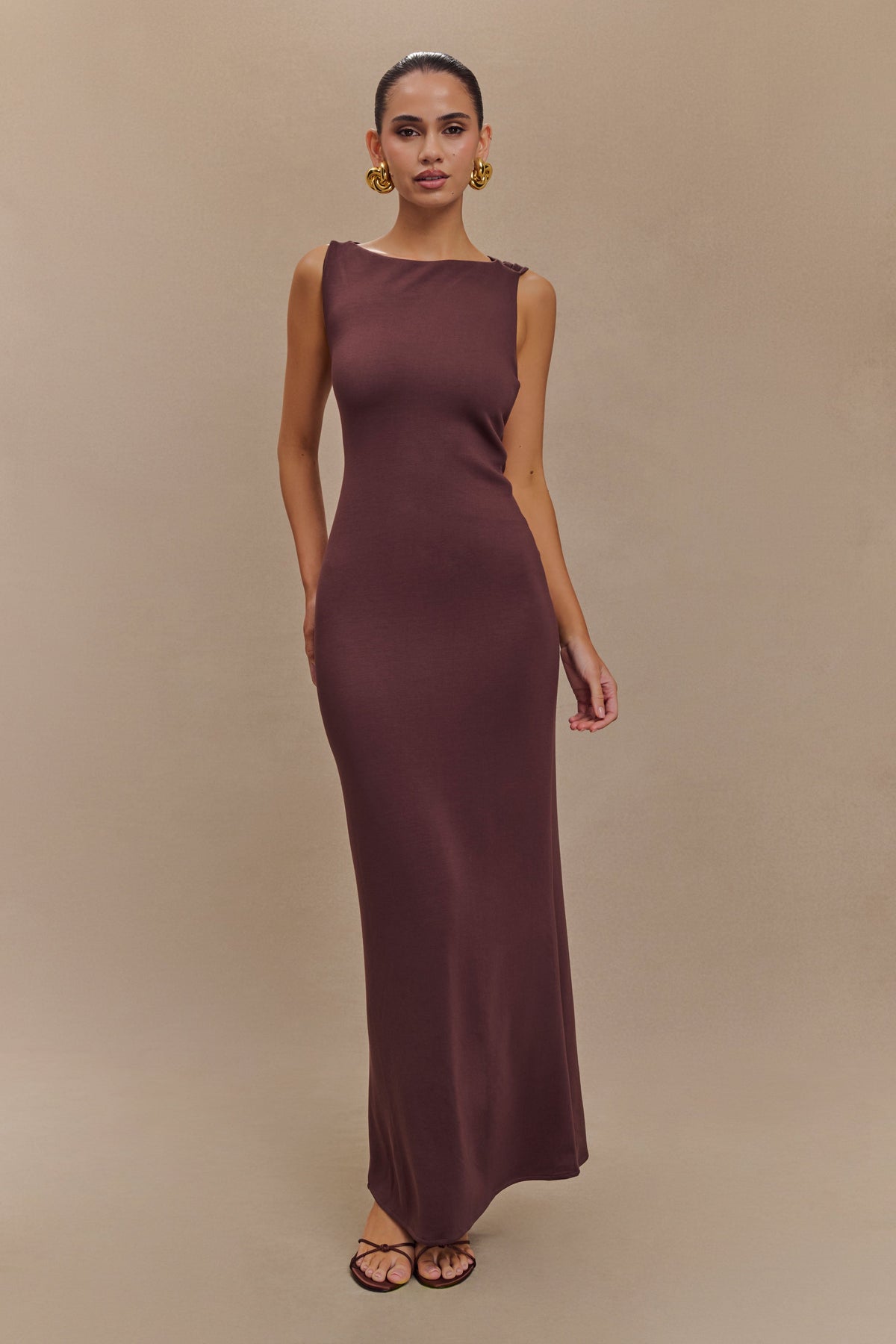 Catelyn Asymmetrical Scuba Jersey Midi Dress - Cacao Brown #2
