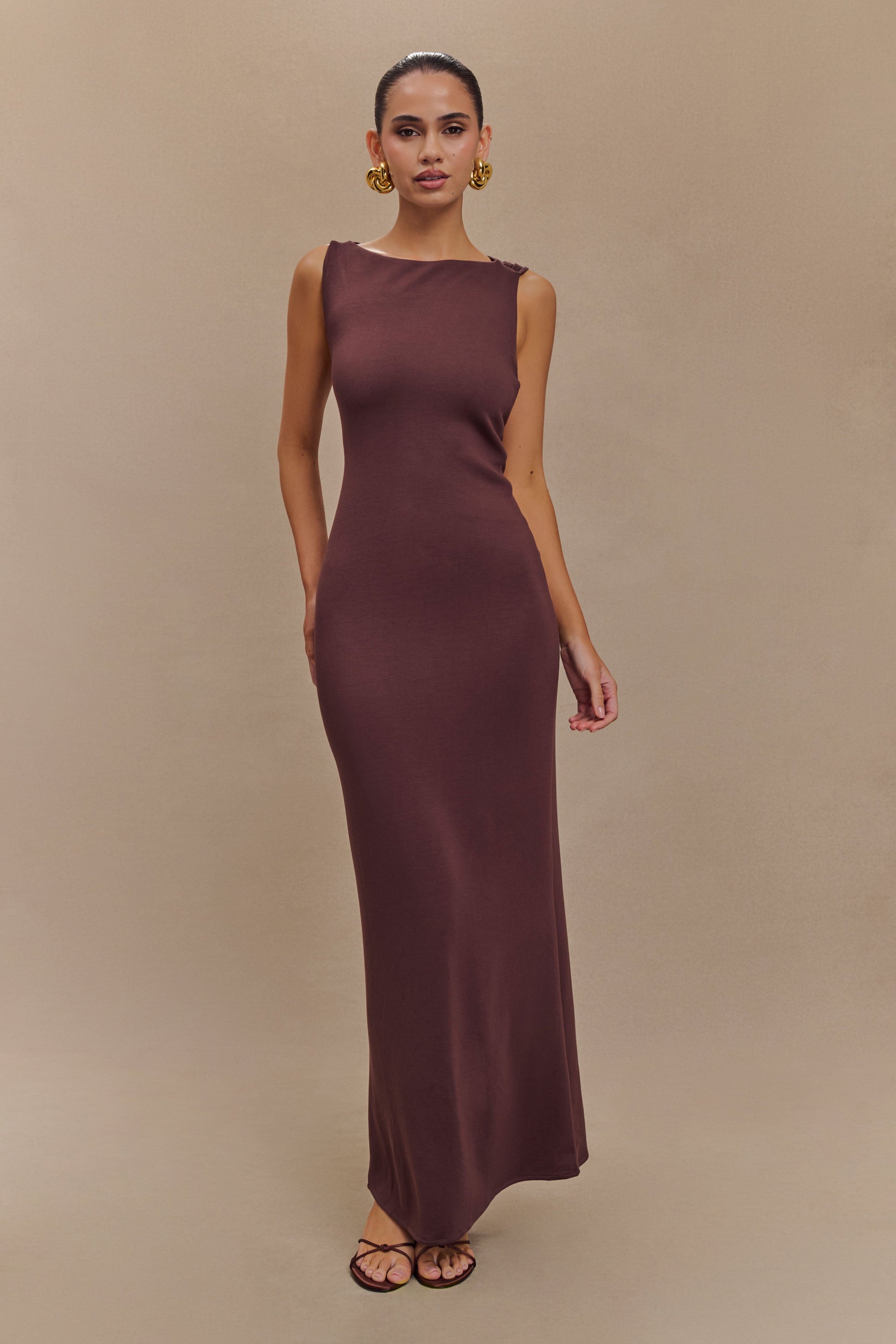 Catelyn Asymmetrical Scuba Jersey Midi Dress - Cacao Brown #2