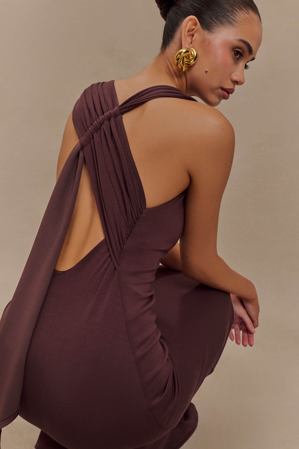 Catelyn Asymmetrical Scuba Jersey Midi Dress - Cacao Brown #3