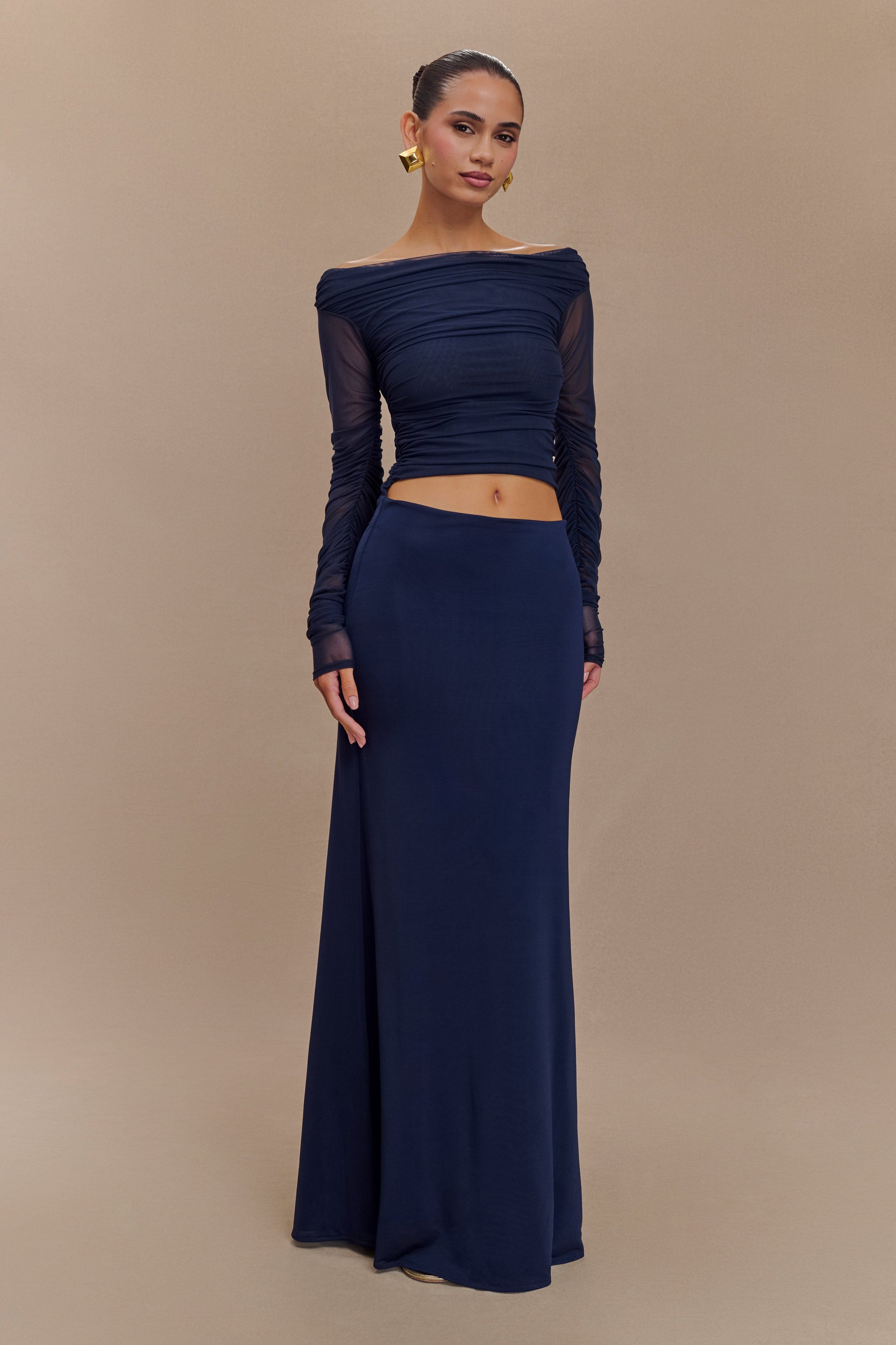 Darla Mesh And Slinky Off Shoulder Maxi Dress - Dark Navy #4