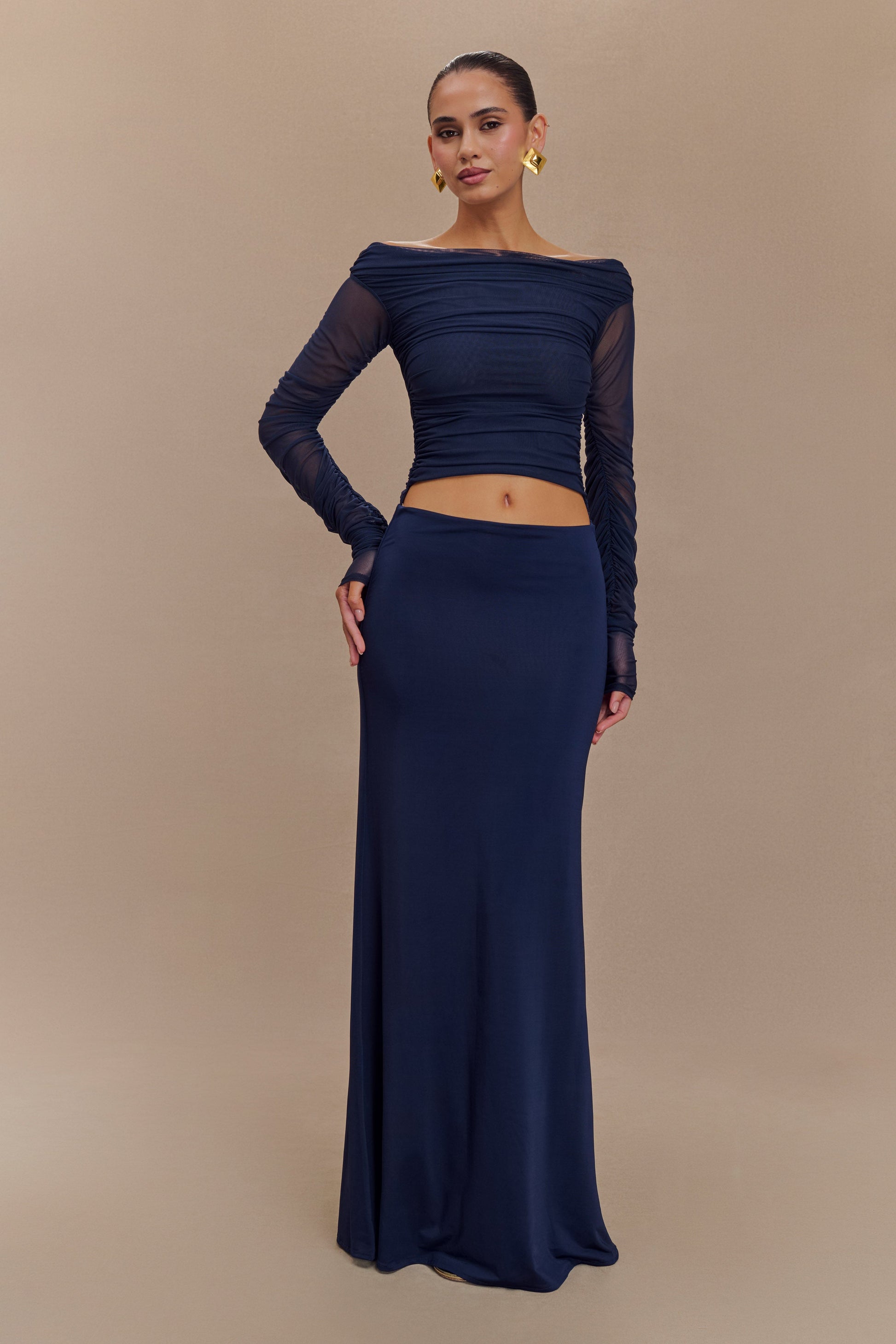 Darla Mesh And Slinky Off Shoulder Maxi Dress - Dark Navy #5