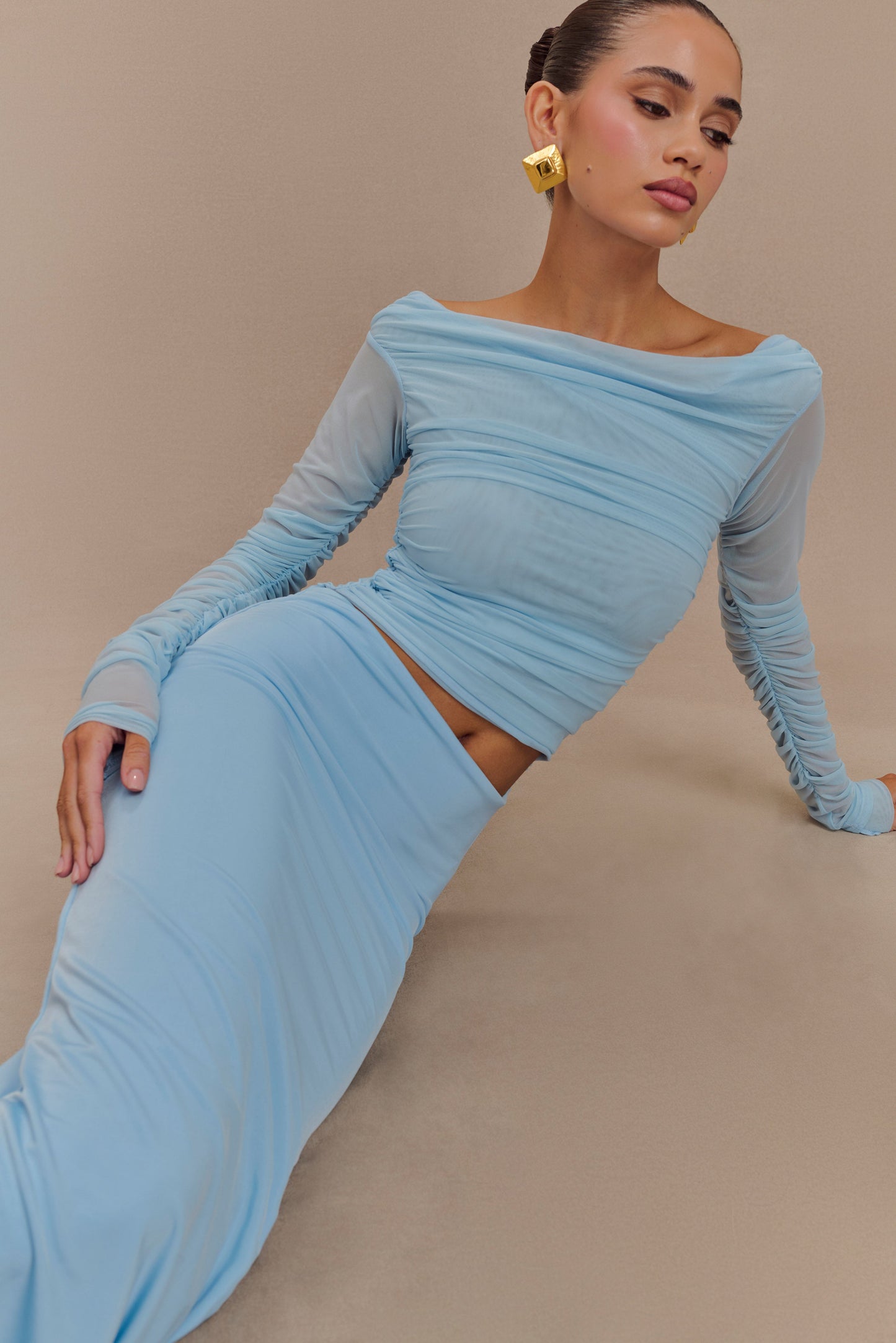 Darla Mesh And Slinky Off Shoulder Maxi Dress - Sky Blue