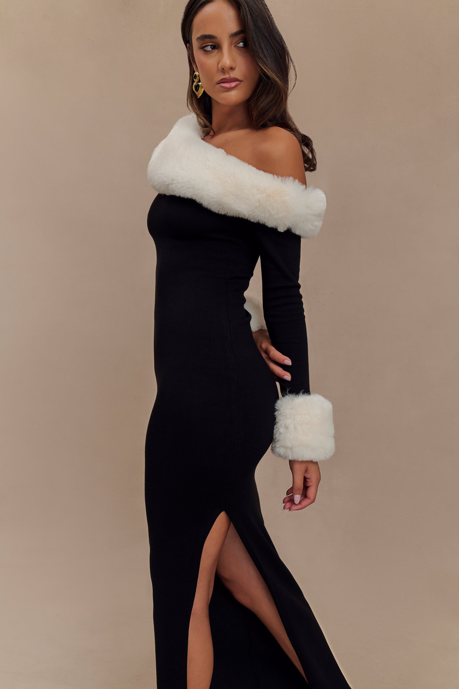 Karleigh Faux Fur Knit Maxi Dress - Black/White #4