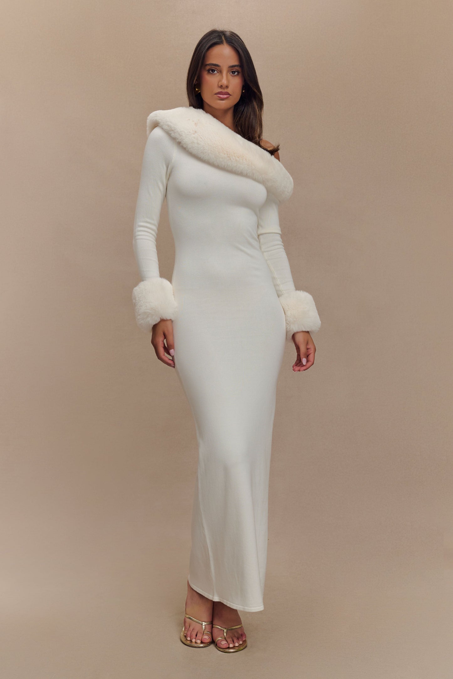 Karleigh Faux Fur Knit Maxi Dress - Ivory