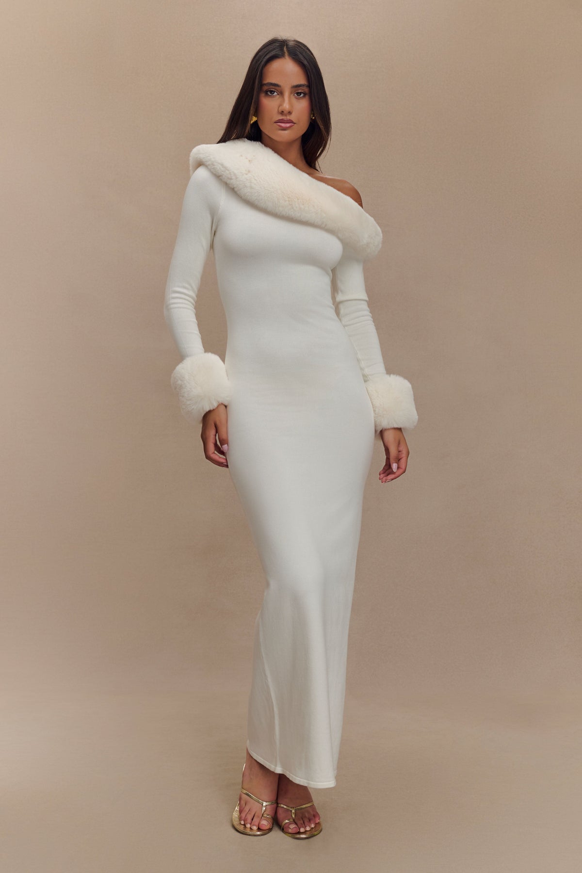 Karleigh Faux Fur Knit Maxi Dress - Ivory #7