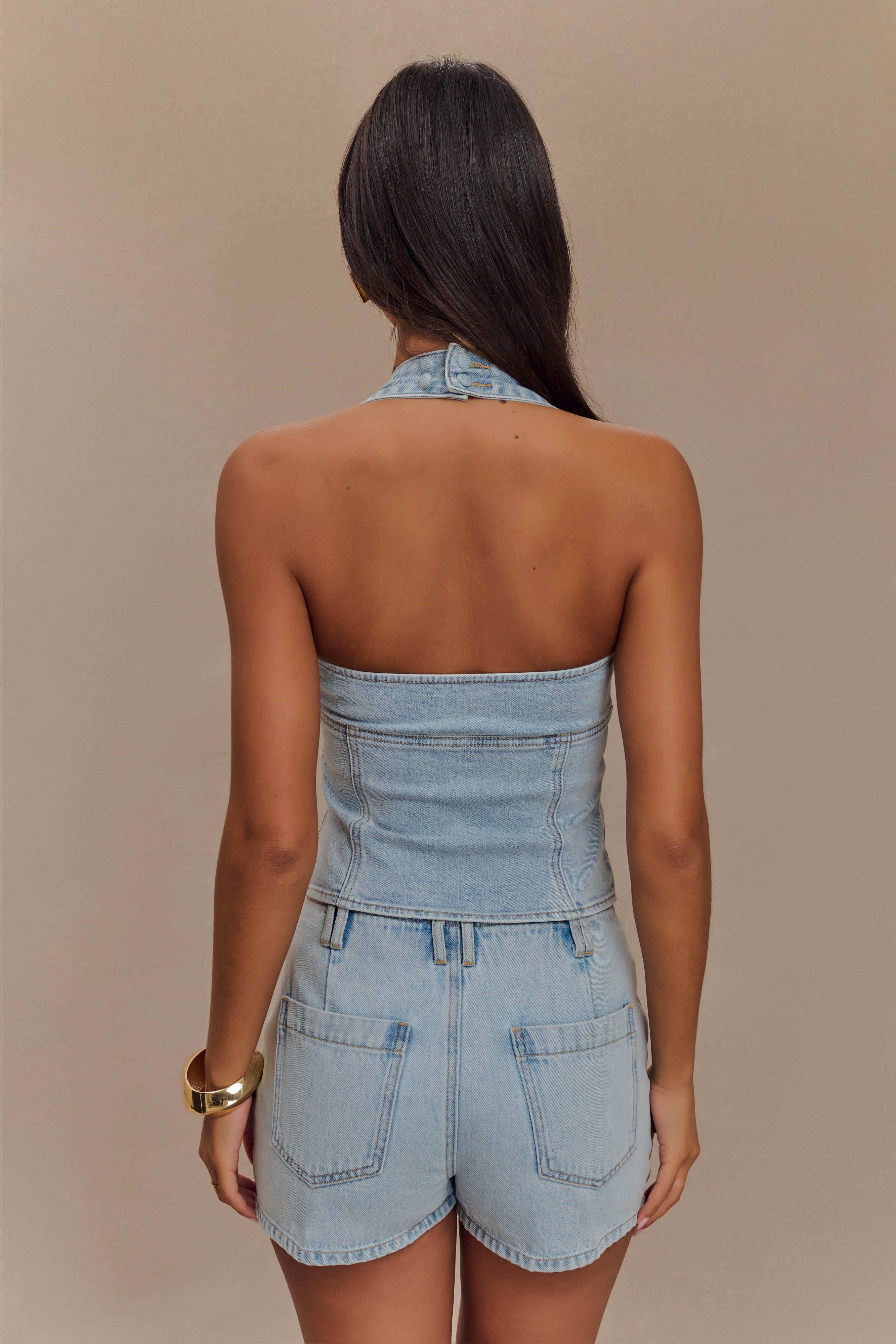 Dayna Denim Halter Top - Light Blue | MESHKI UK