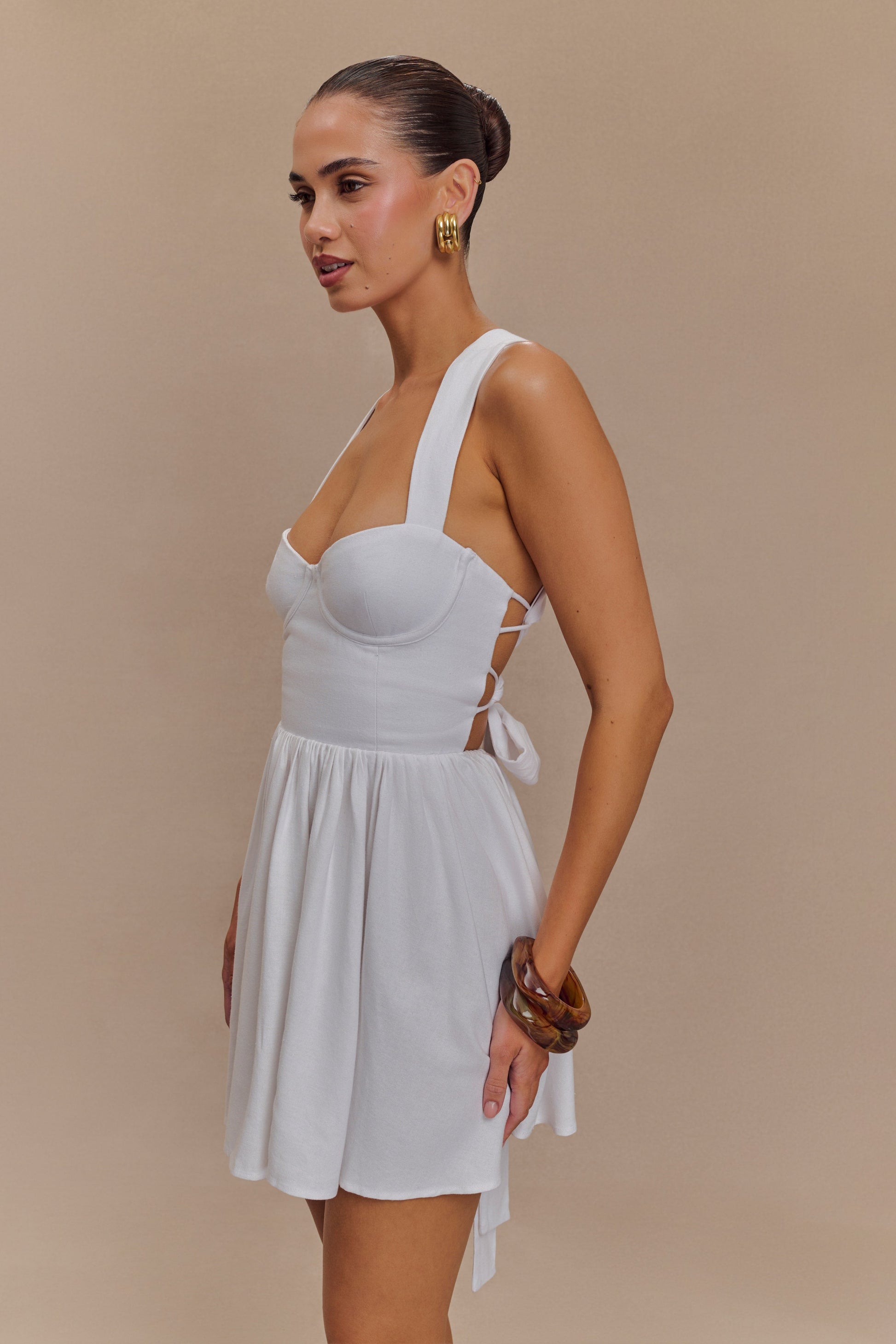 Loz Tie Back Linen Mini Dress - White #7