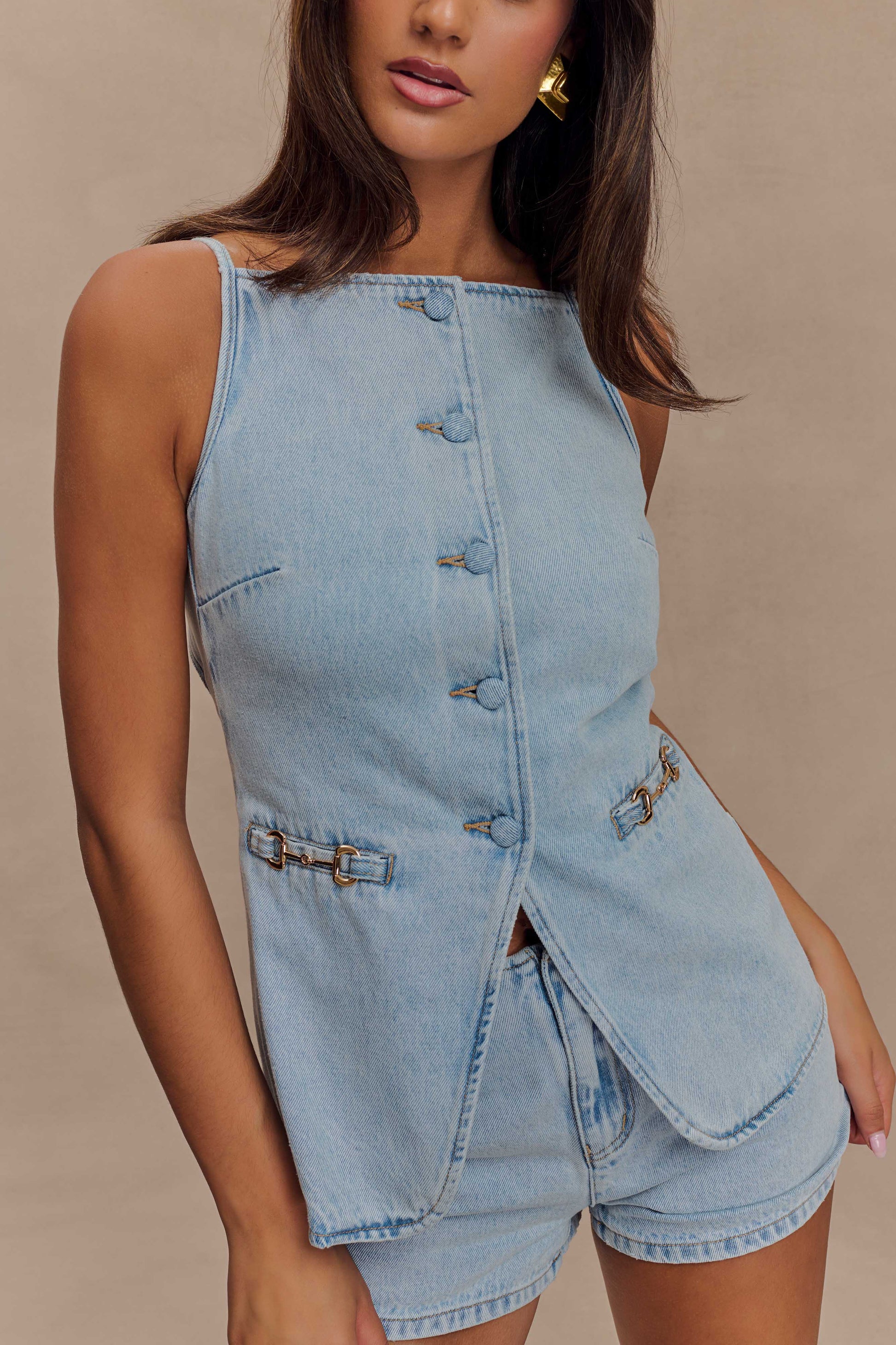 Ashton Sleeveless Button Denim Top - Light Blue #3