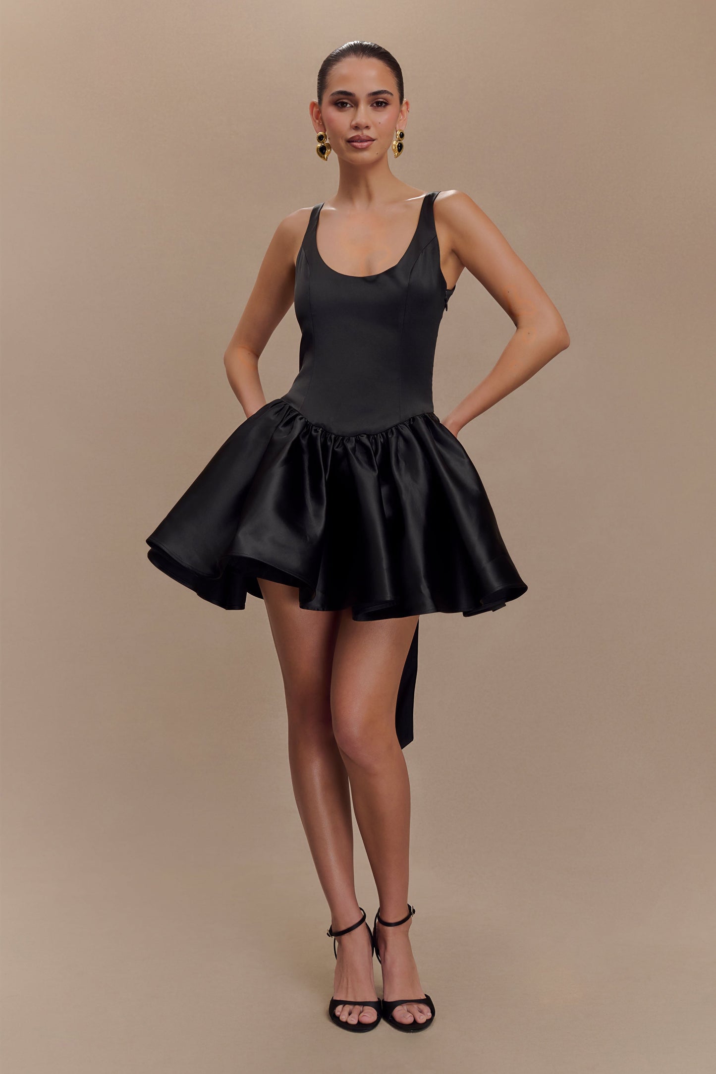 Felicia Satin Mini Dress With Bow - Black