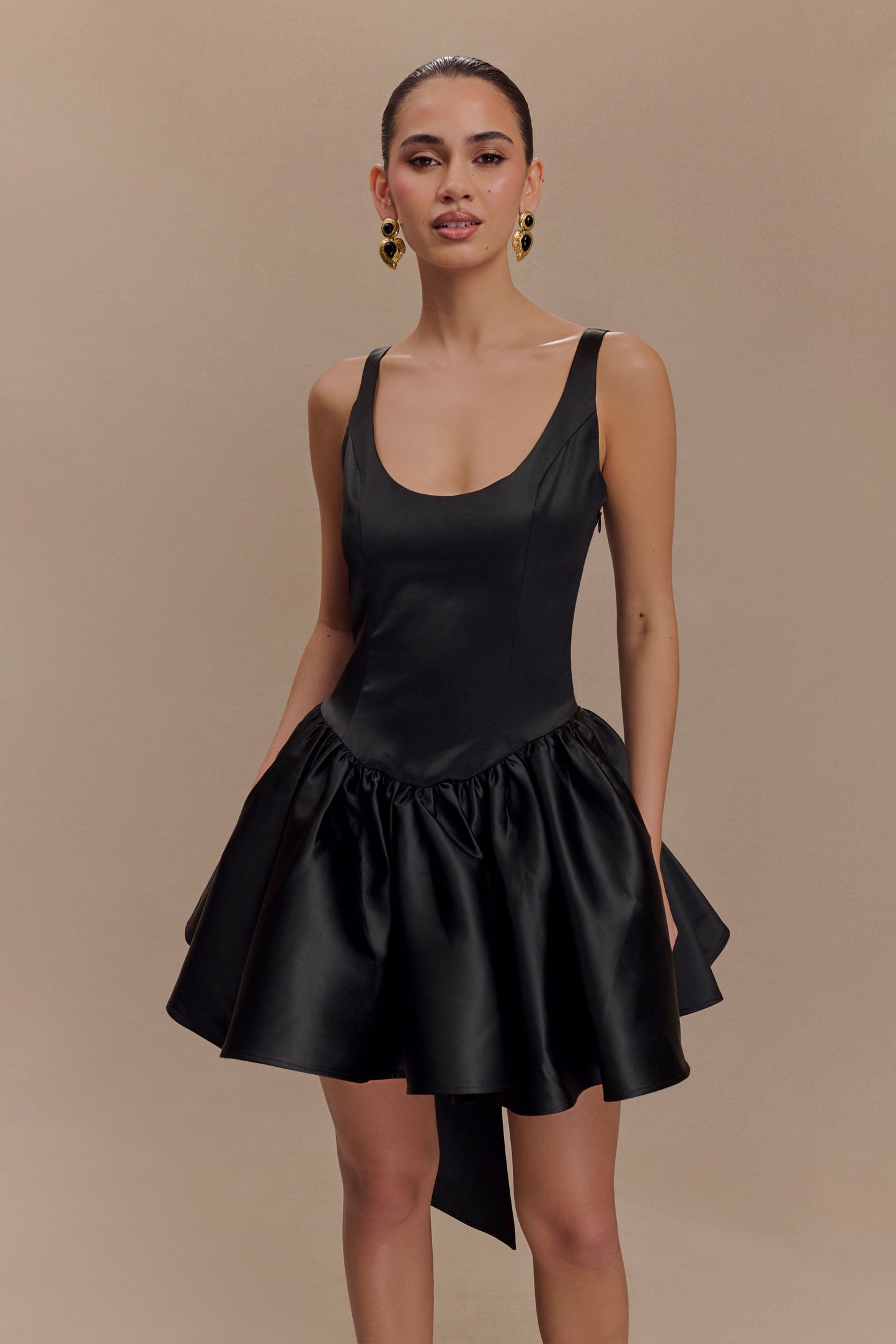 Felicia Satin Mini Dress With Bow - Black