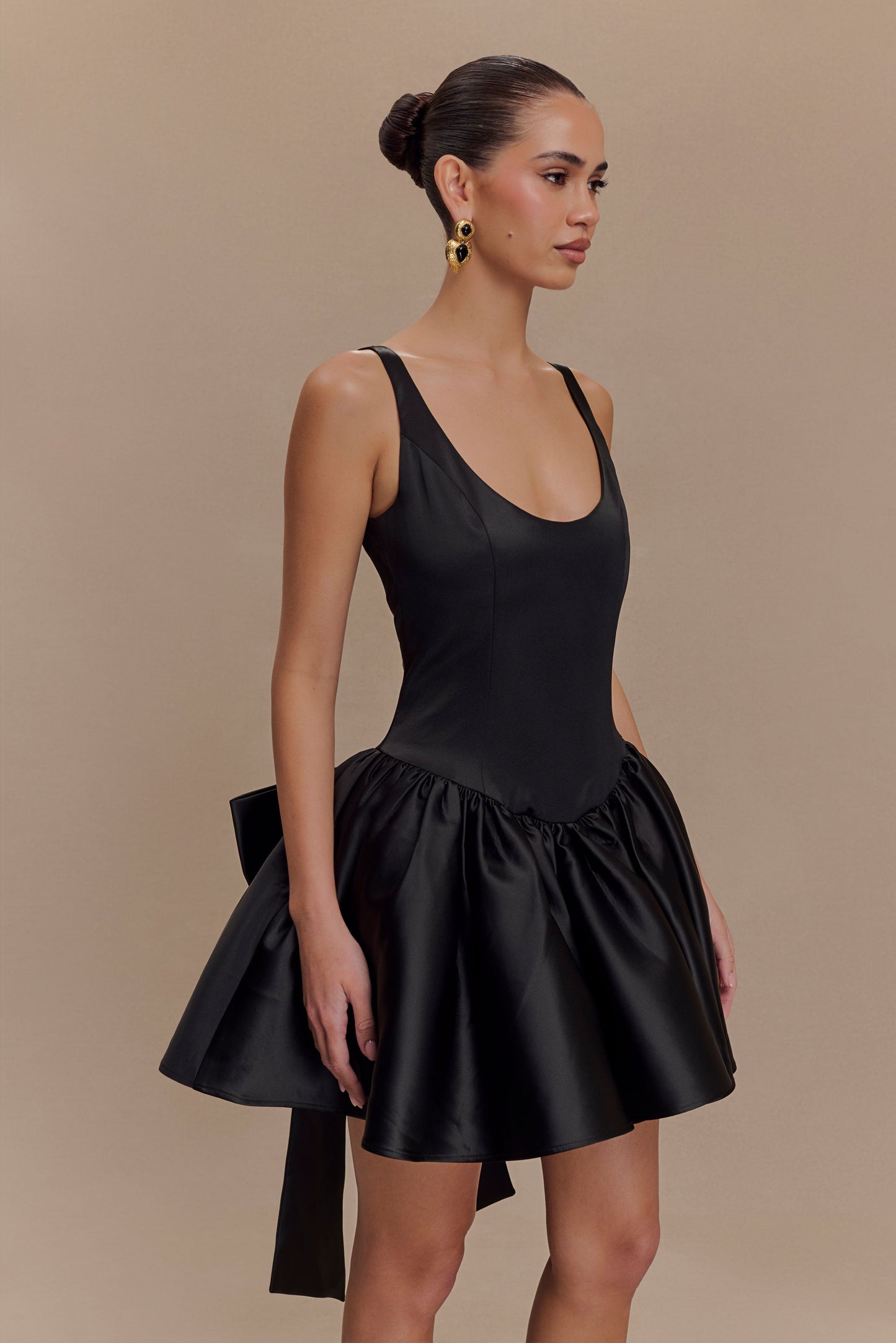 Felicia Satin Mini Dress With Bow - Black