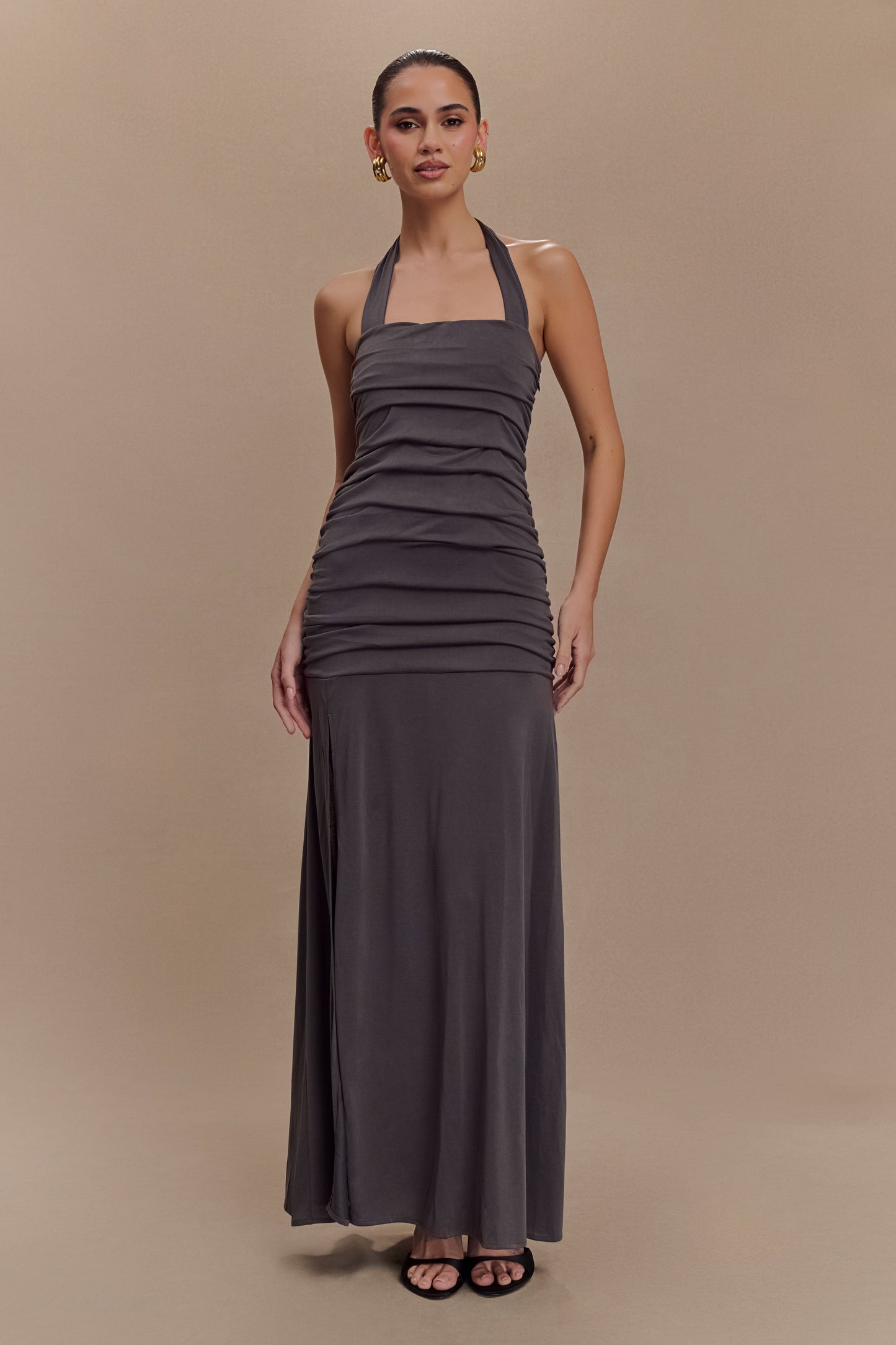 Bentley Peached Jersey Halter Maxi Dress - Charcoal