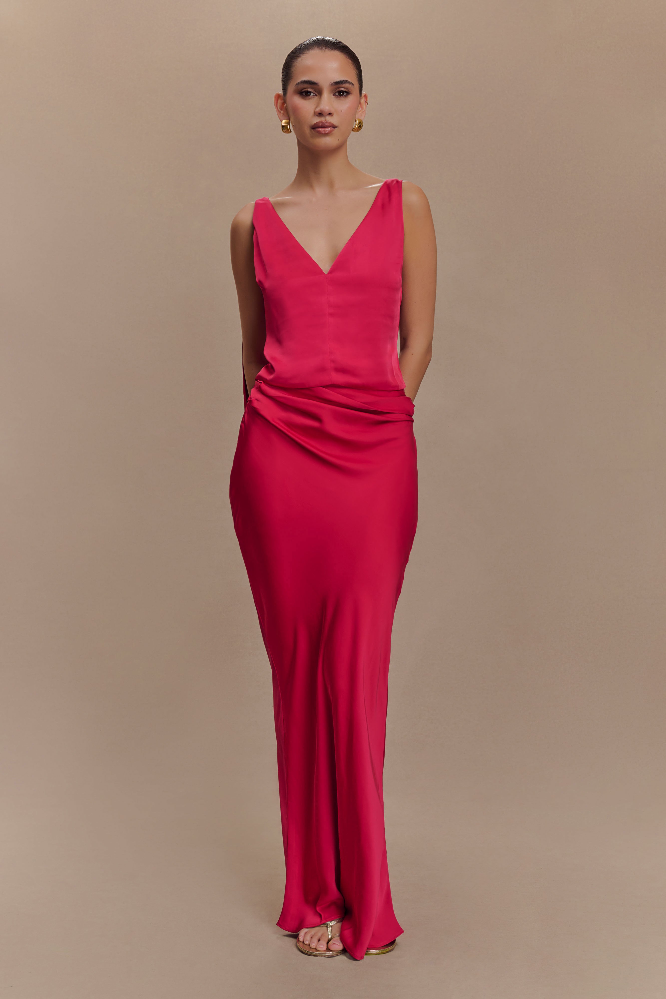 Nicola Satin Asymmetric Maxi Skirt Cherry